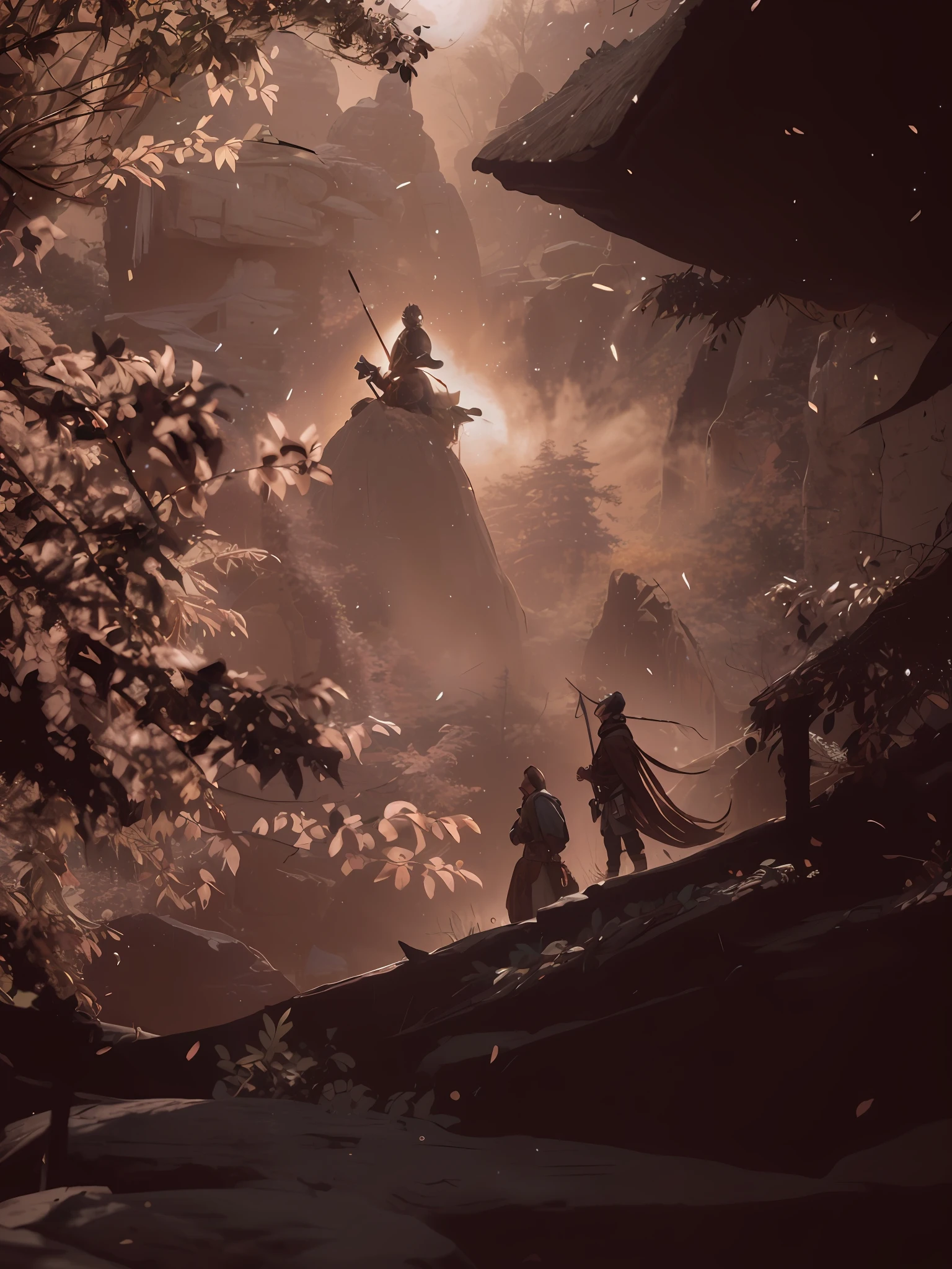 Forest Realm of Everlasting Leaves:
The kingdom's army is made up of highly skilled elven archers. They wear green and gray robes, made of light and resistant fabrics, which blend in perfectly among the trees. Their clothes are embroidered with leaves and twigs, and they carry elegant bows, made of oak wood with silver accents. For protection, they wear leather armbands and elbow pads, as well as soft boots that give them agility in dense forests. guerreiro segura uma espada, costas, antigo, 4K, super alta qualidade, A bright moon in the sky, sombra, cinemac lighting