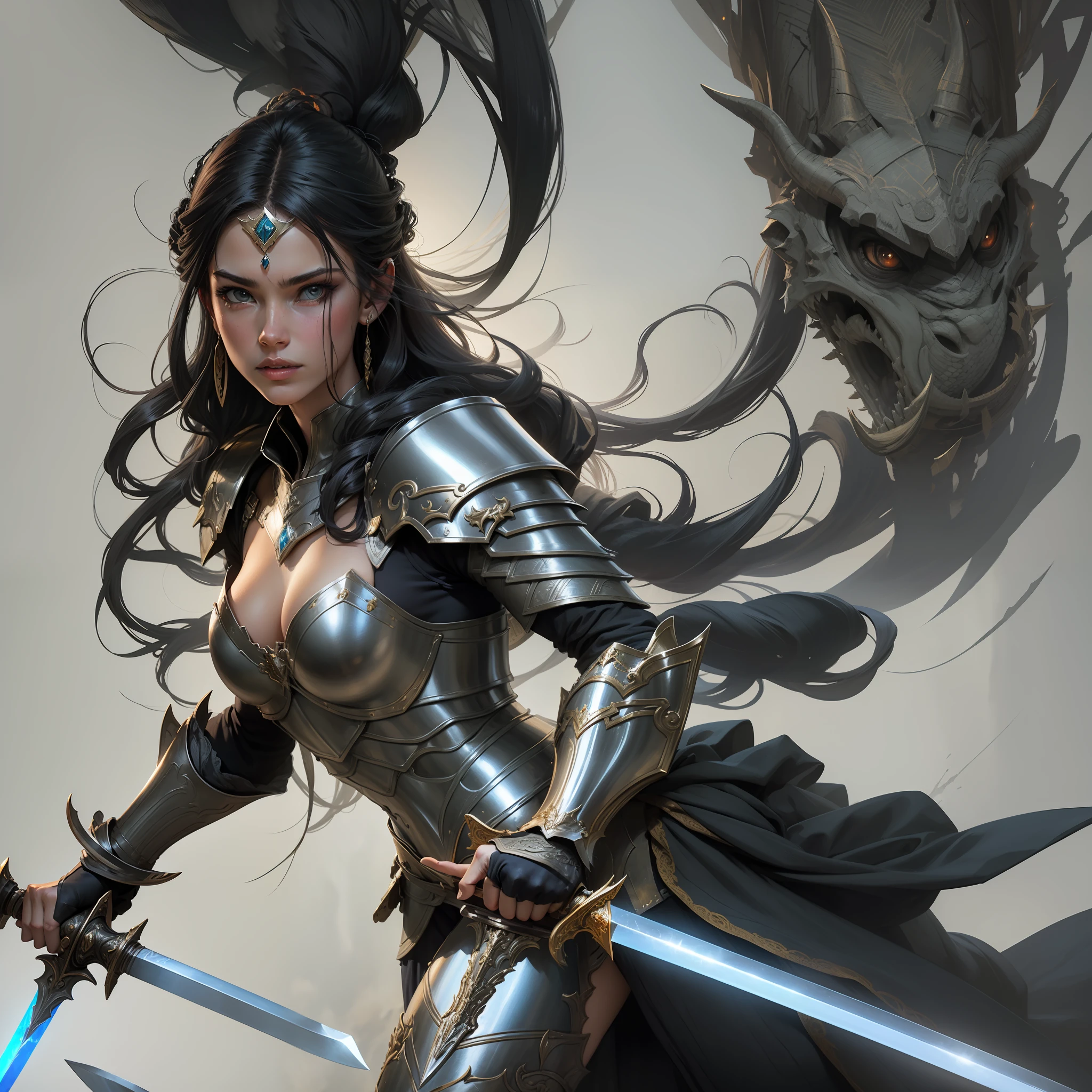 Warrior girl with armor and sword and shield in the middle of fire and a dragon