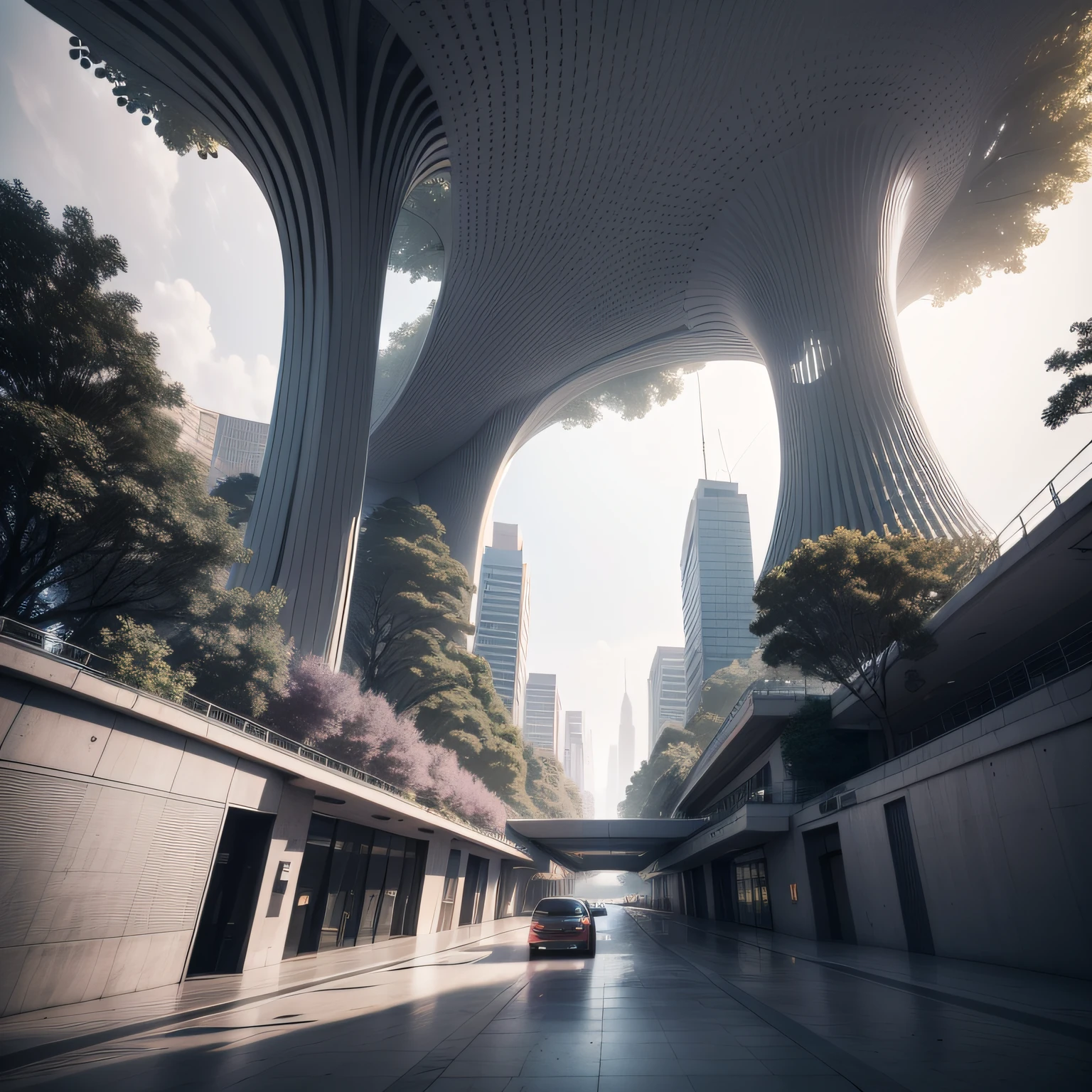 Futuristic architecture, arquitetura premiada, skyscraper architectureCity, photographic style, Rendering, Alameda de plane trees, Highly detailed dream building in the architectural styles of Oscar Niemeyer and Ernst Haeckel :: arquiteturacore :: High contrast wide avenue in front full of trees, plane trees
