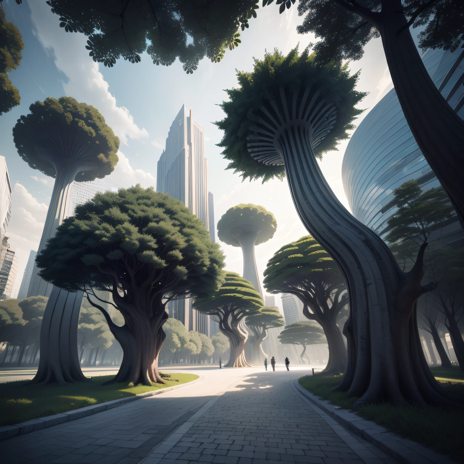 Futuristic architecture, arquitetura premiada, skyscraper architectureCity, photographic style, Rendering, Alameda de plane trees, Highly detailed dream building in the architectural styles of Oscar Niemeyer and Ernst Haeckel :: arquiteturacore :: High contrast wide avenue in front full of trees, plane trees