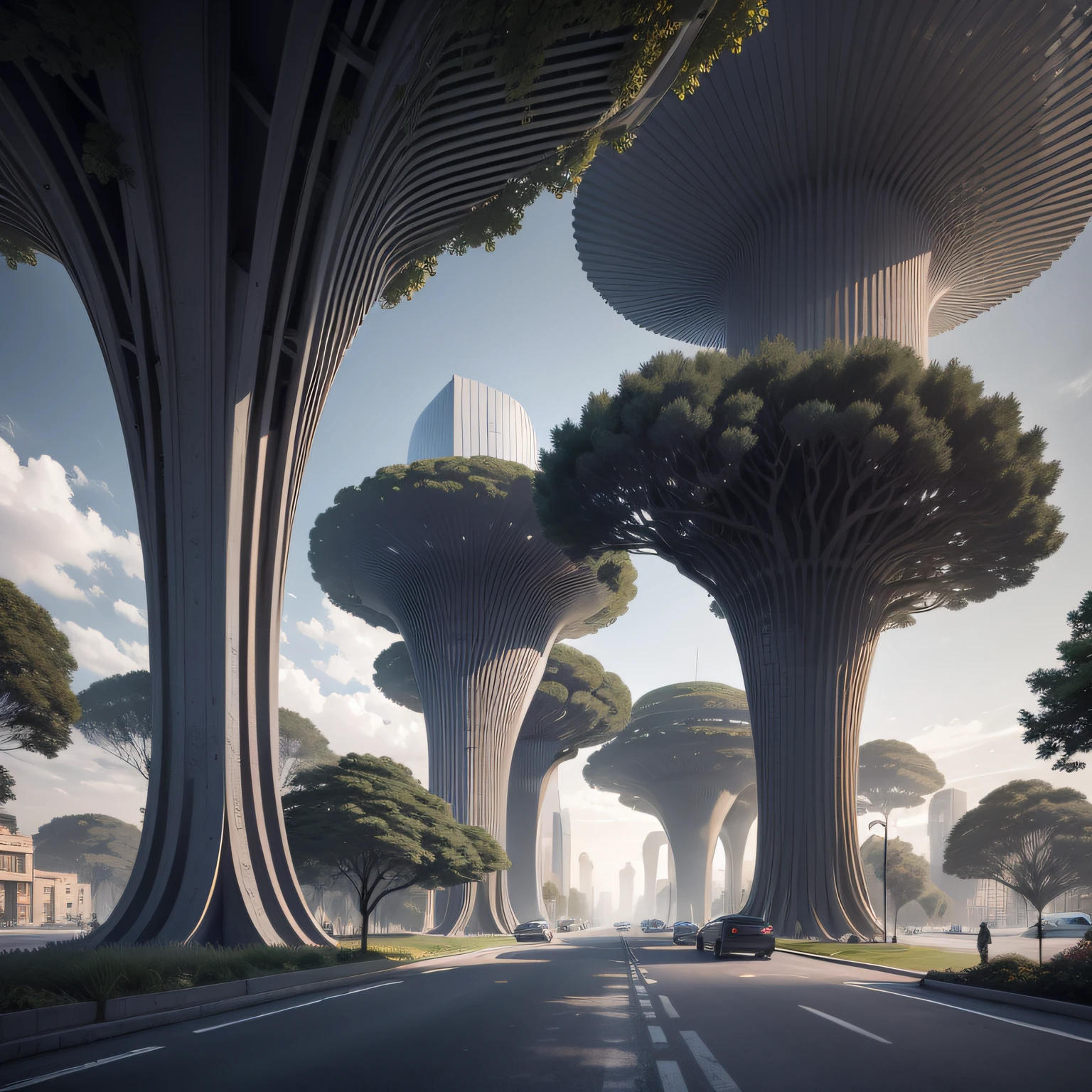 Futuristic architecture, arquitetura premiada, skyscraper architectureCity, photographic style, Rendering, Alameda de plane trees, Highly detailed dream building in the architectural styles of Oscar Niemeyer and Ernst Haeckel :: arquiteturacore :: High contrast wide avenue in front full of trees, plane trees
