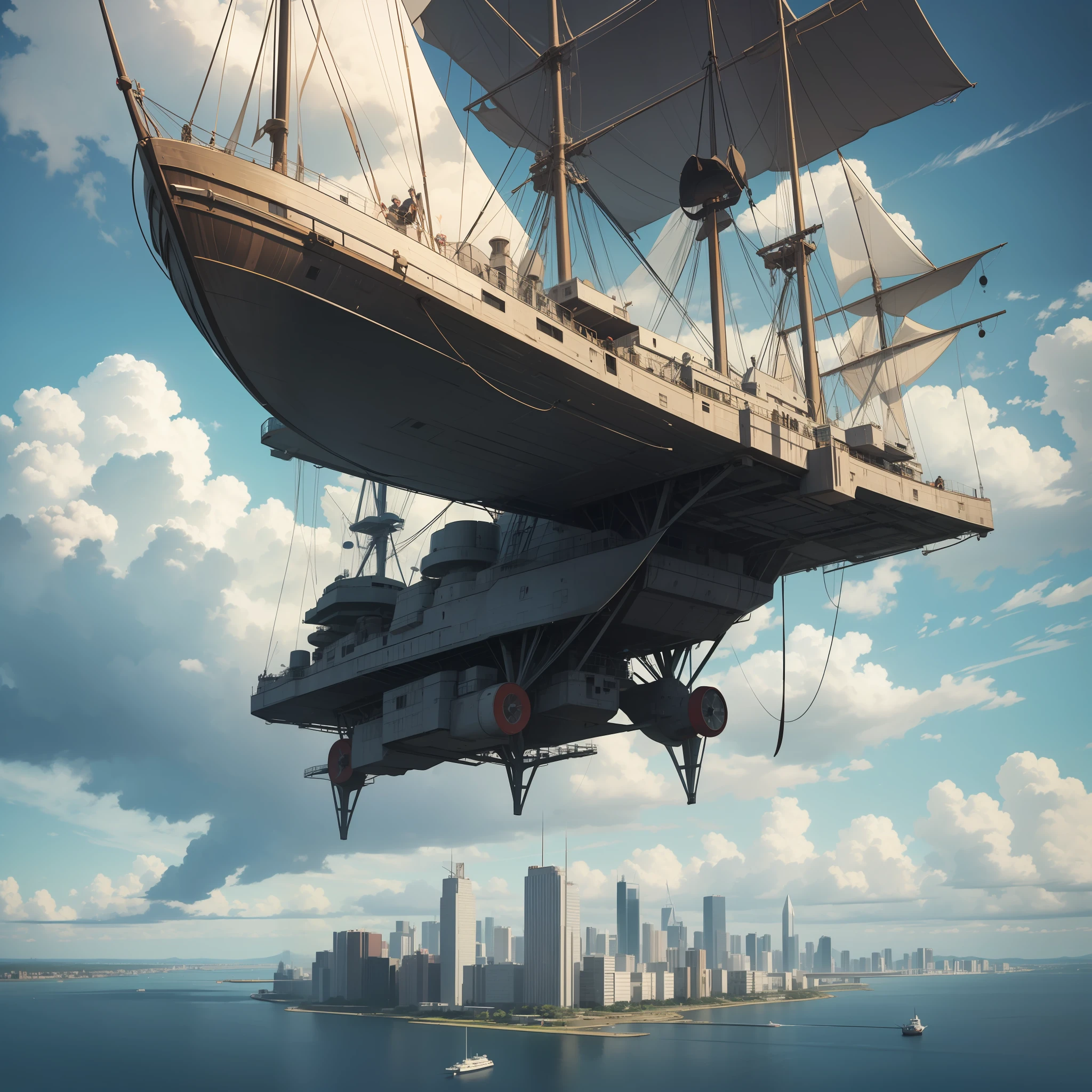 Flying battleship in the air，The cabin and bottom are inverted，With the sky and the city as the background，em estilo medieval，Ballista