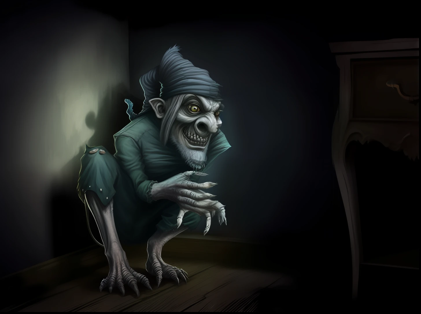 arafed image of a creepy looking creature in a dark room, nightmarish illustration, Arte digital escura, mas detalhada, Retrato de um Duende, pose assustadora, arte conceitual escura fotorrealista, ainda de filme de terror animado, arte assustadora em cores, arte de terror de fantasia, Personagem sombrio e sinistro, arte de fantasia de terror, arte goblin, arte de terror de fantasia sombria