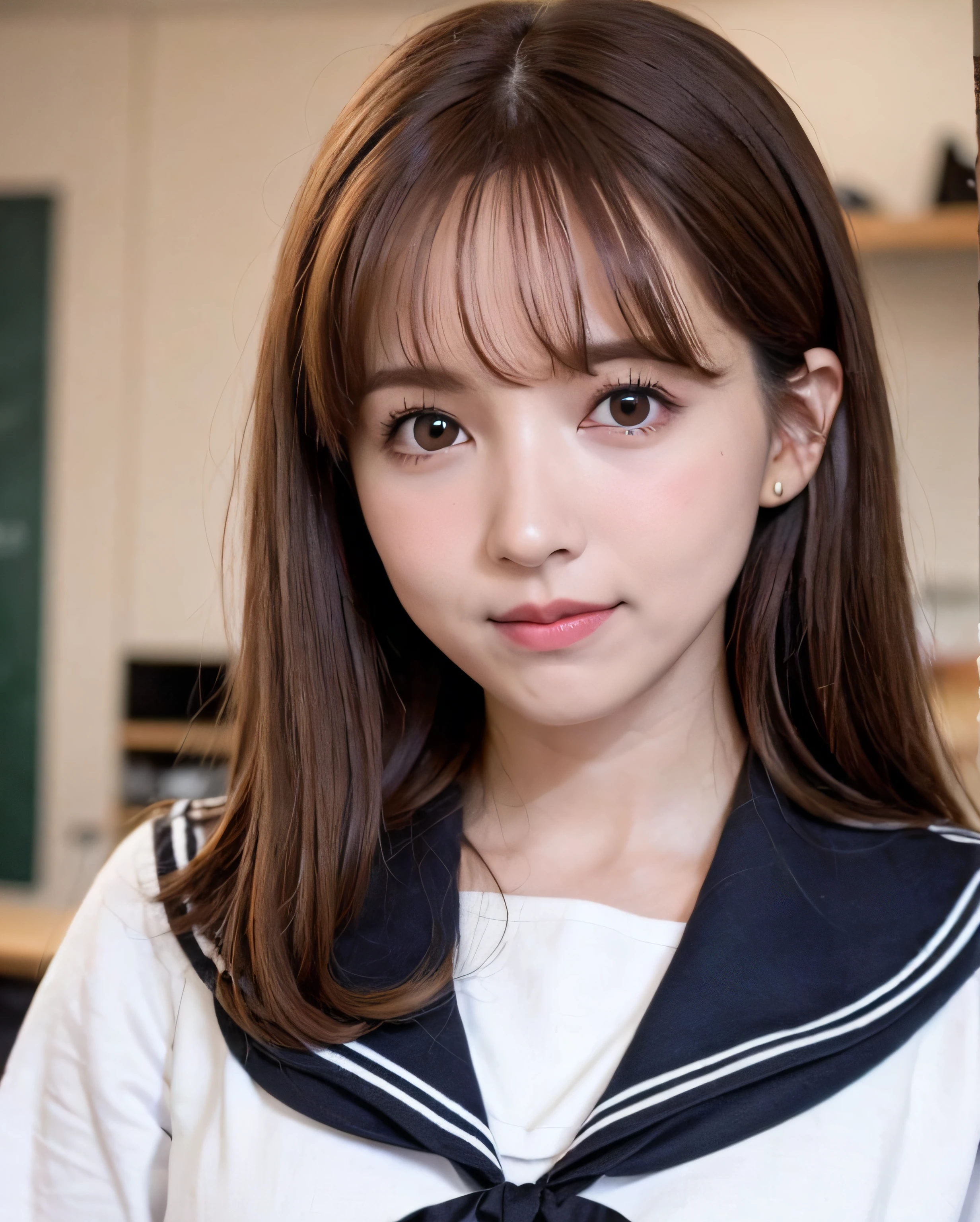 pureerosface_v1, beste Quality, photorealestic, 8K, a highres, 1girls, a women, (Skindentation), (portlate:0.6), gorgeou, dinamic pose, smile on face、((school background:1.6)), ((Medium Size Round Breast, sailor clothing:1.4)), straight-looking at viewer:1.8, (1 Girl's eyes looking at the viewer, medium-length hair, brown colored hair, Putted Bangs:1.65), (vokeh), (Keep your mouth shut:1.46),