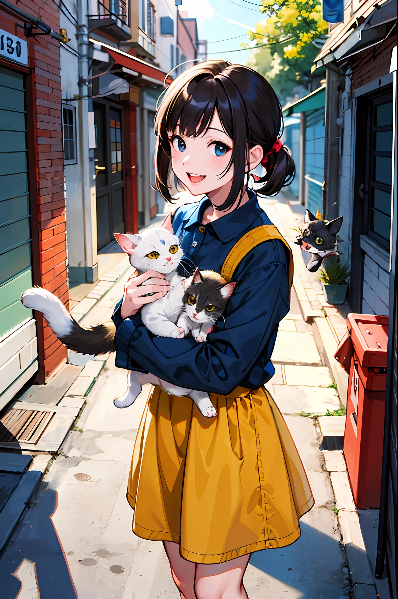 best quality, high resolution, distinct image, (many (detailed) little cats) and one lady:1.3), focus on cat, little (detailed) cats around girl,background is back alley, detasiled sunlight, sitting, girl looking viewer, front view, (cats looking viewer:1.2), (happy:1.3) , (kitten),she is standing