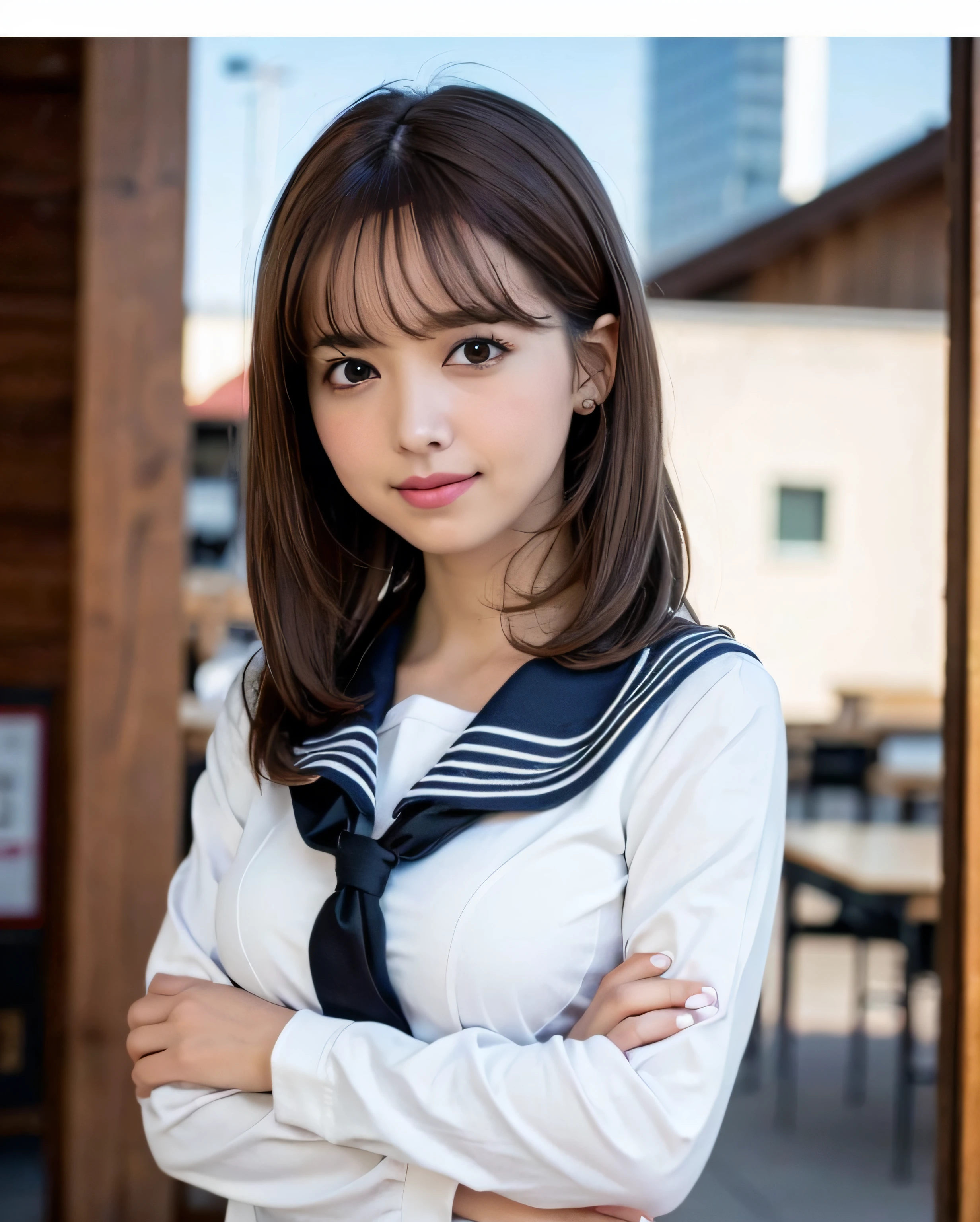 pureerosface_v1, beste Quality, photorealestic, 8K, a highres, 1girls, a women, (Skindentation), (portlate:0.6), gorgeou, dinamic pose, smile on face、((school background:1.6)), ((Medium Size Round Breast, sailor clothing:1.4)), straight-looking at viewer:1.8, (1 Girl's eyes looking at the viewer, medium-length hair, brown colored hair, Putted Bangs:1.65), (vokeh), (Keep your mouth shut:1.46),