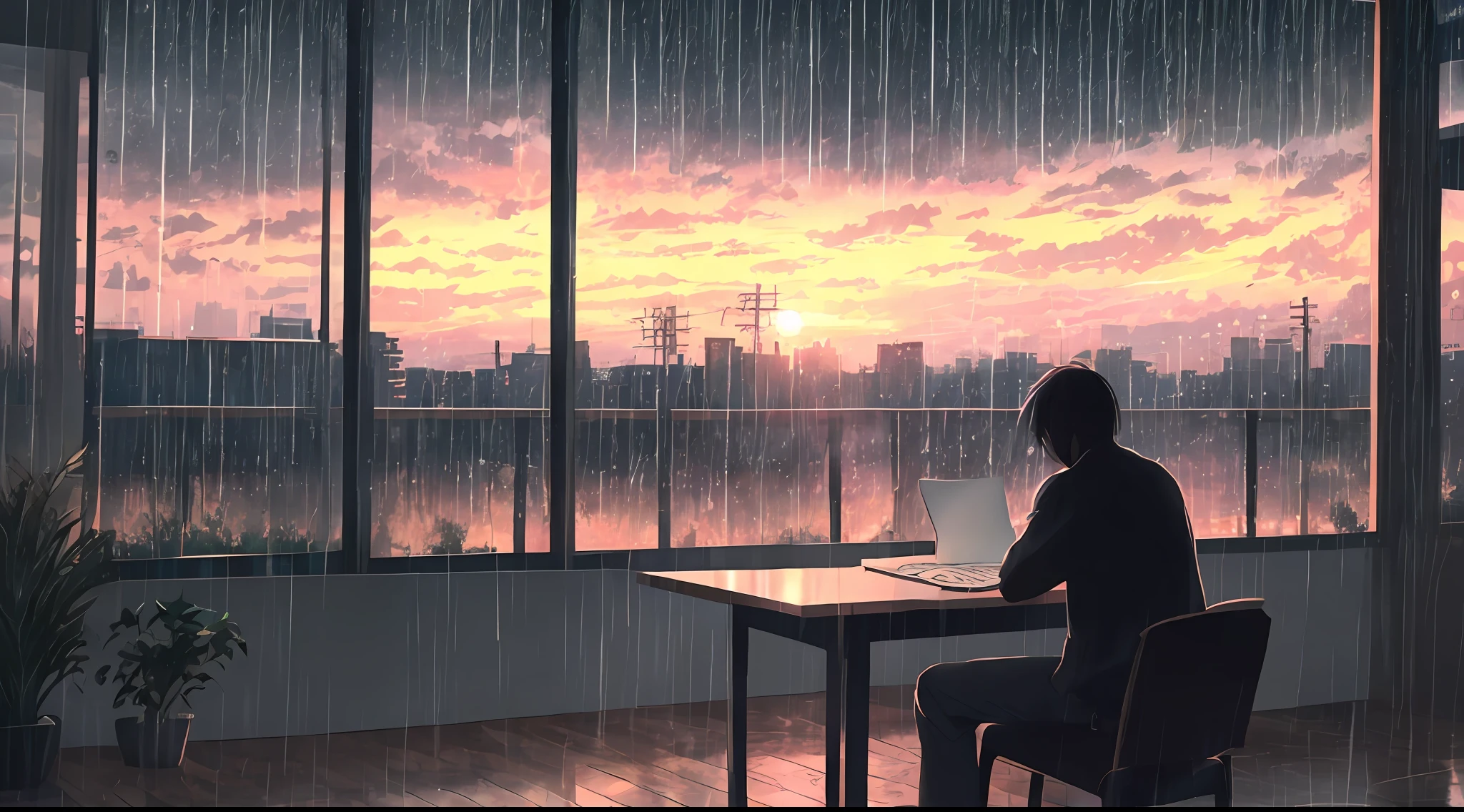 a man sitting at a table, in the bedroom, working with a notebook, rainy weather, atmospheric anime, Aesthetics of rain, raining outside, rainy day, rainy afternoon with sunset, rainy day with sunset outside, Praise Artstyle , anime aesthetics, lofi man, artistic. anime vibes, Lofi Art, Anime Art Wallpaper 4K, Anime Art Wallpaper 4K