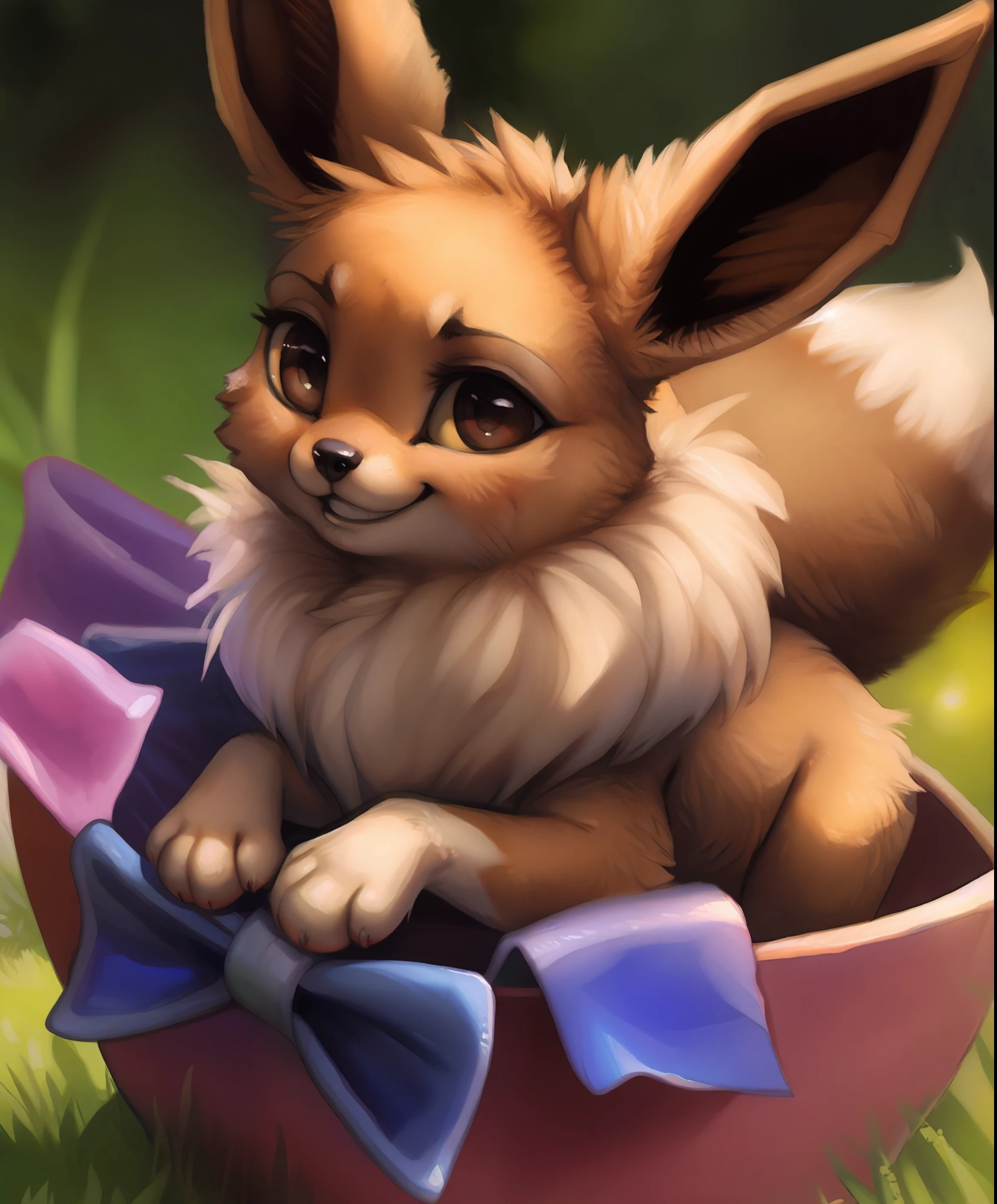 by kenket, by totesfleisch8, (by thebigslick, by silverfox5213:0.8), (by syuro:0.2), pokekid, eevee, fluffy girl, furry girl, female, smile, smiling, has a big pretty bow in her hair, has animal paws for hands, 1girl, best quality, outdoors, high definition, cute,