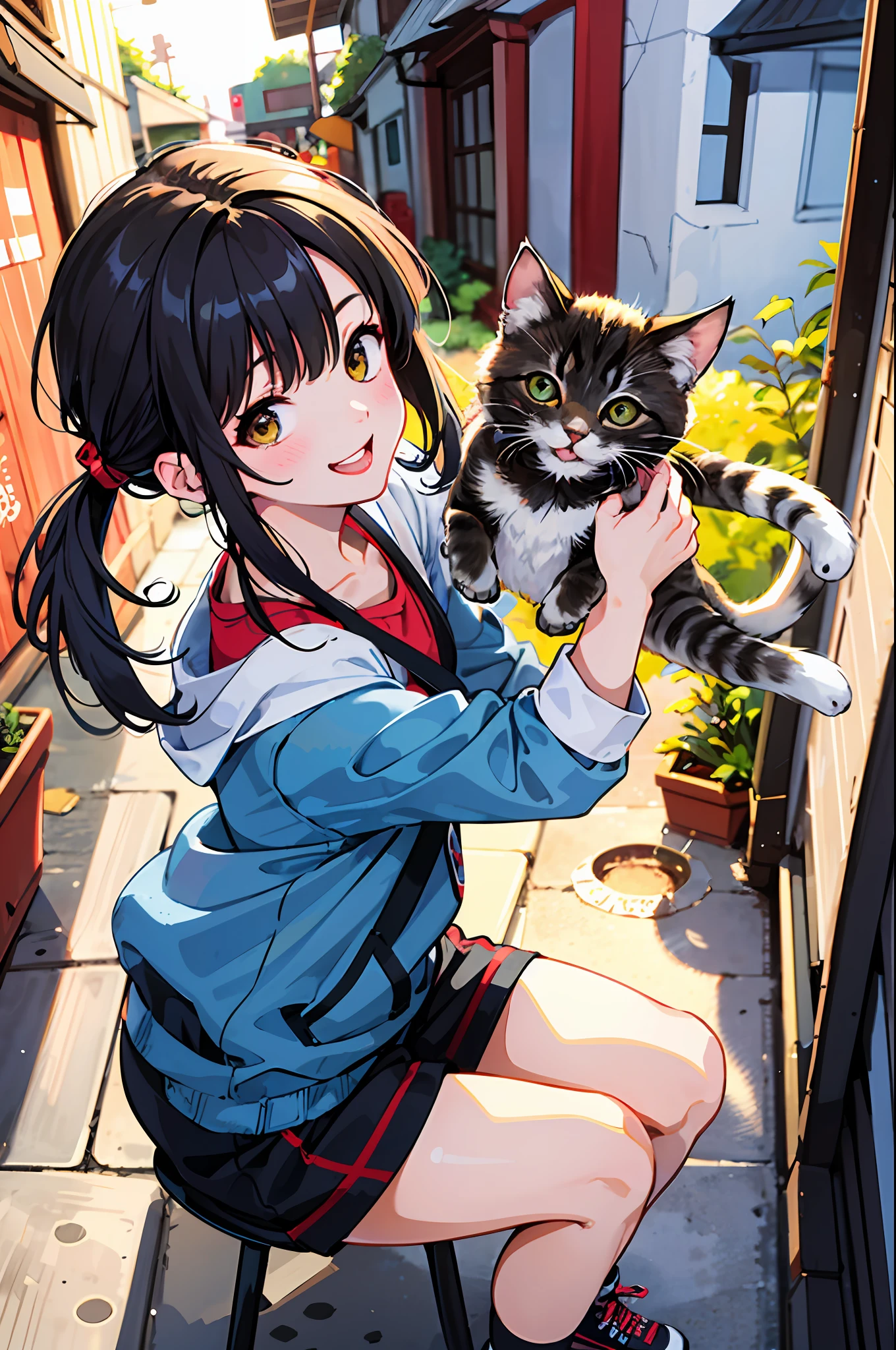 best quality, high resolution, distinct image, (many (detailed) little cats) and one lady:1.3), focus on cat, little (detailed) cats around girl,background is back alley, detasiled sunlight, sitting, girl looking viewer, front view, (cats looking viewer:1.2), (happy:1.3) , (kitten),she is standing