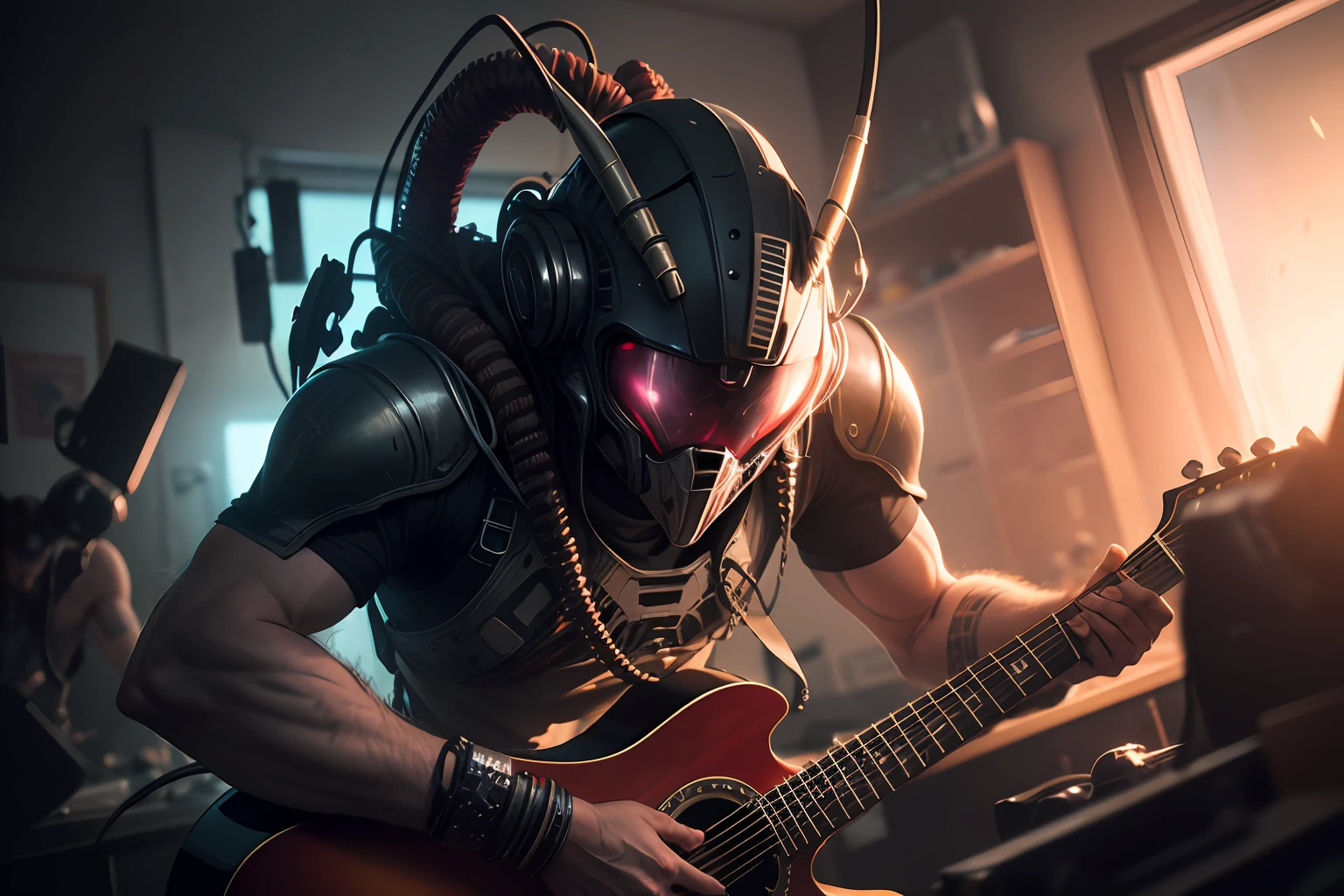 Aliens vs Predator film, (tocar la guitarra), sentada, ojos detallados, Cara detallada, Dentro de su laboratorio, , crazy scene from a movie, dramatic shooting angle, atmospheric particles, real, raw cinematic photorealism, action portrait, 8k, Detallado, centrado, fotograma completo