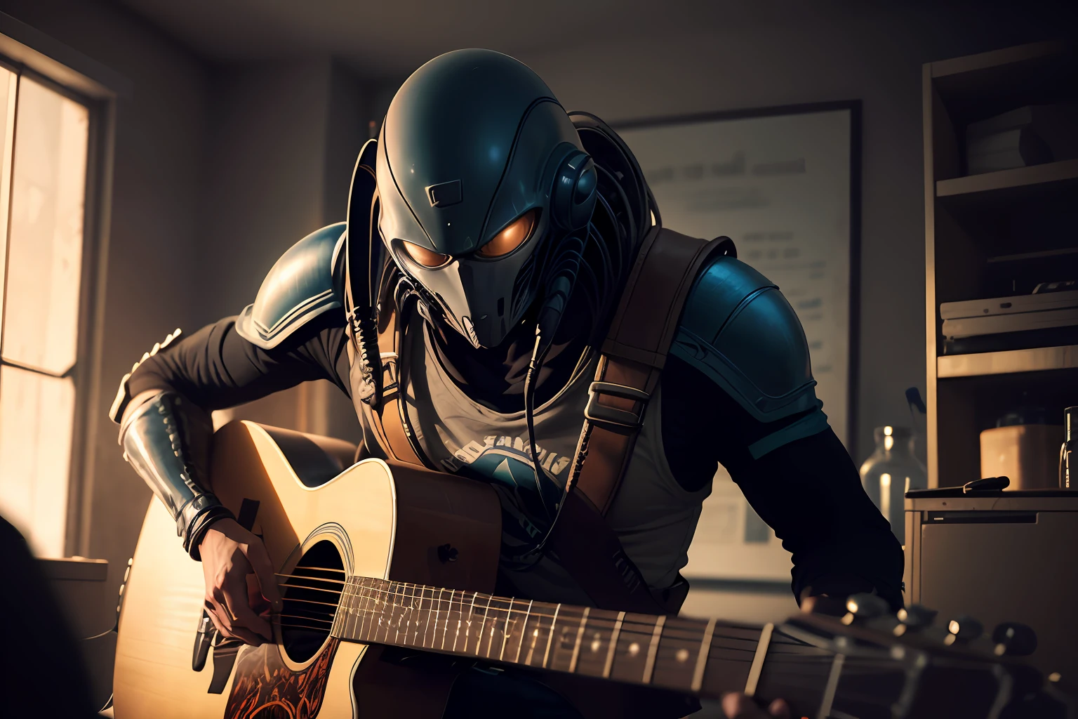 Aliens vs Predator film, (playing guitar), sitting, detailed eyes, detailed face, inside his lab, , crazy scene from a movie, dramatic shooting angle, atmospheric particles, Real, raw cinematic photorealism, action portrait, 8k, detailed, centered, full frame