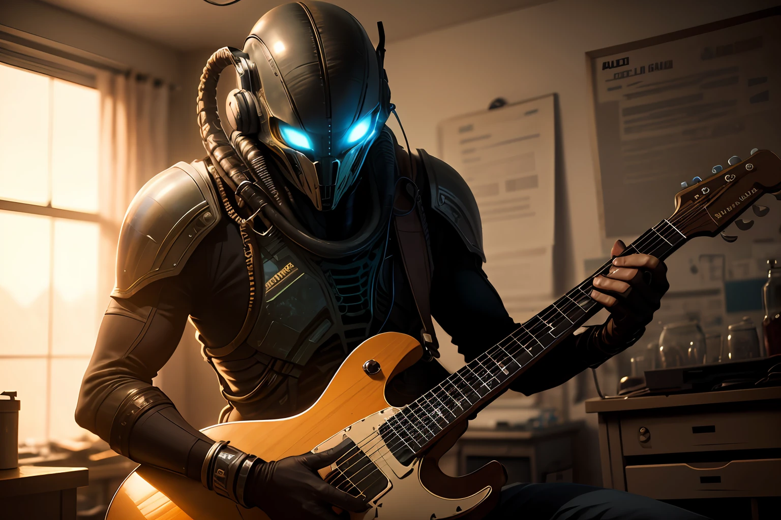 Aliens vs Predator film, (playing guitar), sitting, detailed eyes, detailed face, inside his lab, , crazy scene from a movie, dramatic shooting angle, atmospheric particles, Real, raw cinematic photorealism, action portrait, 8k, detailed, centered, full frame