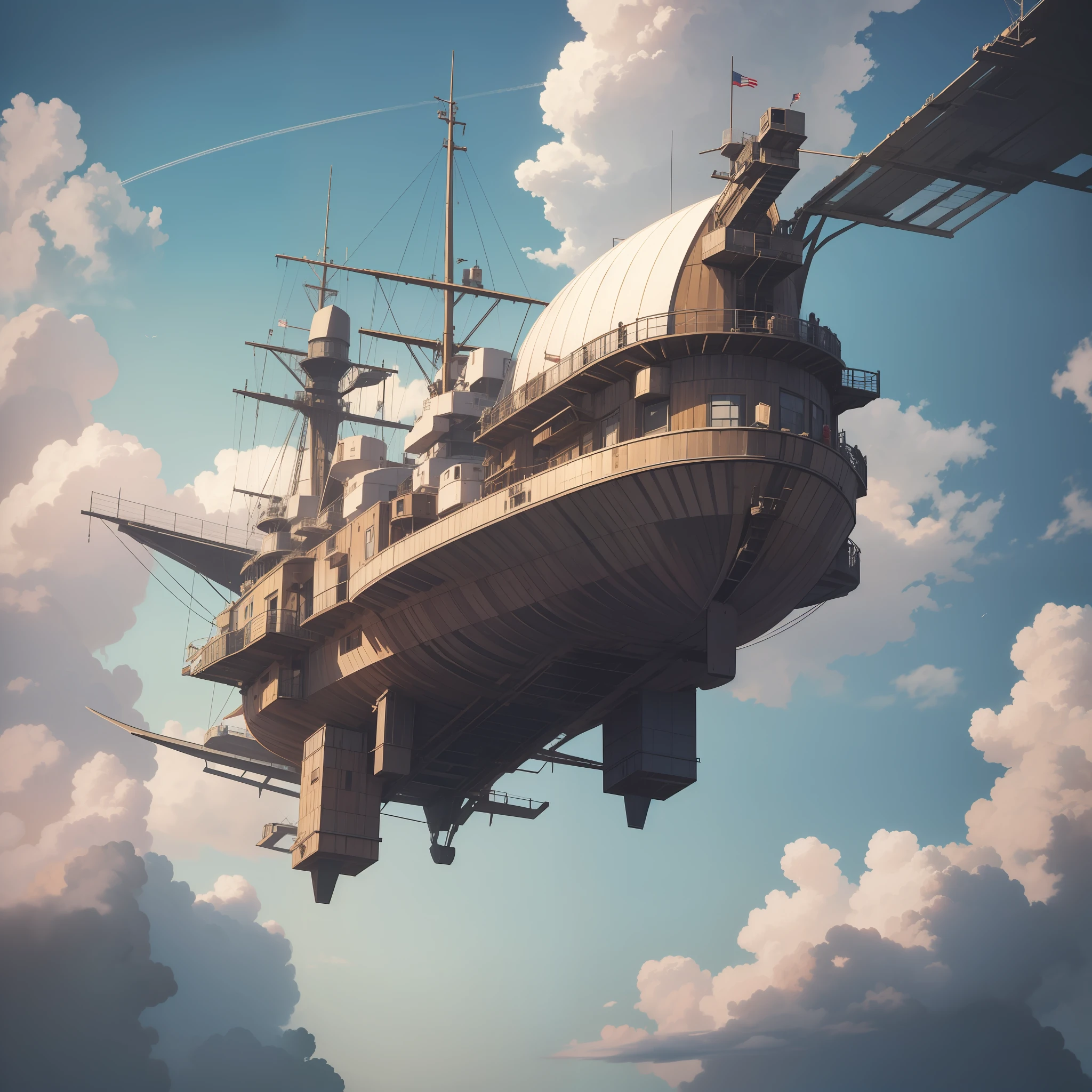 Flying battleship in the air，The cabin and bottom are inverted，With the sky and the city as the background，em estilo medieval，Ballista