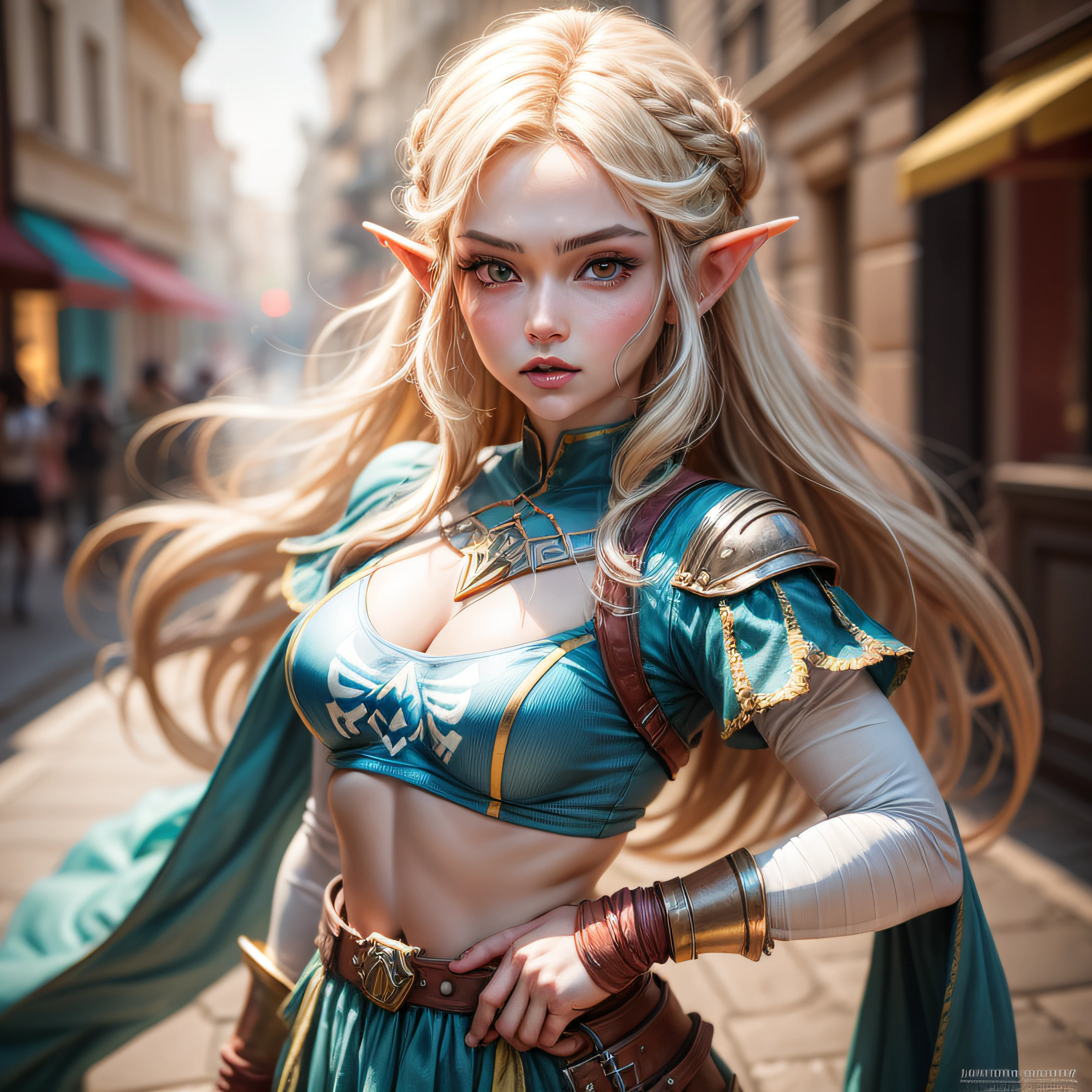 Mulher de cabelos loiros em roupa azul e bege segurando em poses de combate como em street fighter, Zelda, Retrato de Zelda, de lenda de Zelda, Link da lenda de Zelda, link do Zelda, Fotos cosplay, Cosplay ornamentado, Cosplay profissional, Cosplay, Cosplay Completo, Artgerm Moody Fotografia, Princesa Zelda, Zelda como Triforce, Hyrule, Anime Garota Cosplay, ray tracing, ray tracing, ray-traced, 4k, 3d-render, extremanente detalhado, alta qualidade, luz e sombra realistas,