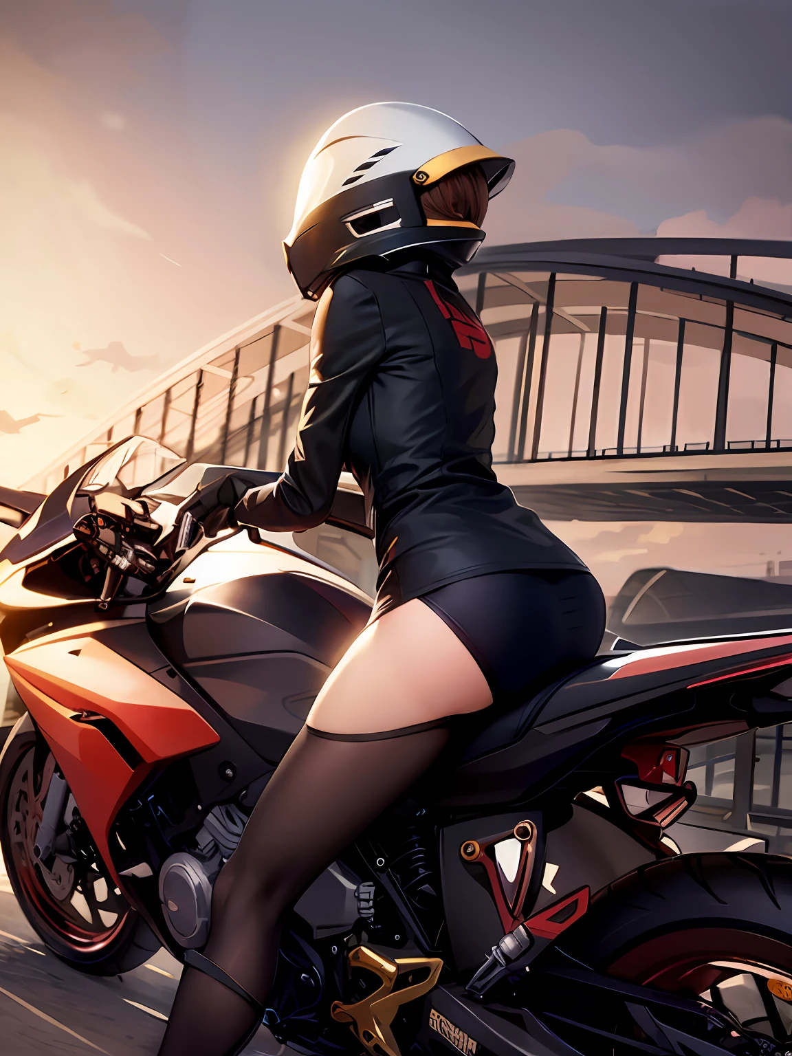 "Mecha Cyber Girl,wearing her helmet,Sit on a cyberpunk-style motorcycle,scenic view,Full of fashion tension,Personality at sunset,Hair and skirts that swing in the wind,Although there are no details described,However, the image quality and scenery need to be extremely detailed and detailed。"