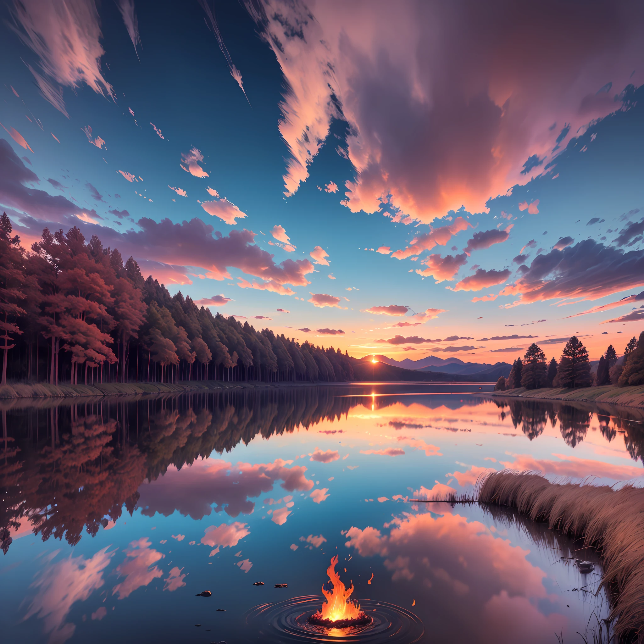 there is a beautiful sunset with a lake and trees in the background, colorful skies, surreal colors, colorful sunset, colorful sky, marvellous reflection of the sky, stunning sky, dream like atmosphere 8k, colorful clouds, colors reflecting on lake, surreal sky, red and blue reflections, fire reflection, beautiful sky, beautiful and spectacular dusk, beautiful dreamy landscape, amazing sky --auto --s2