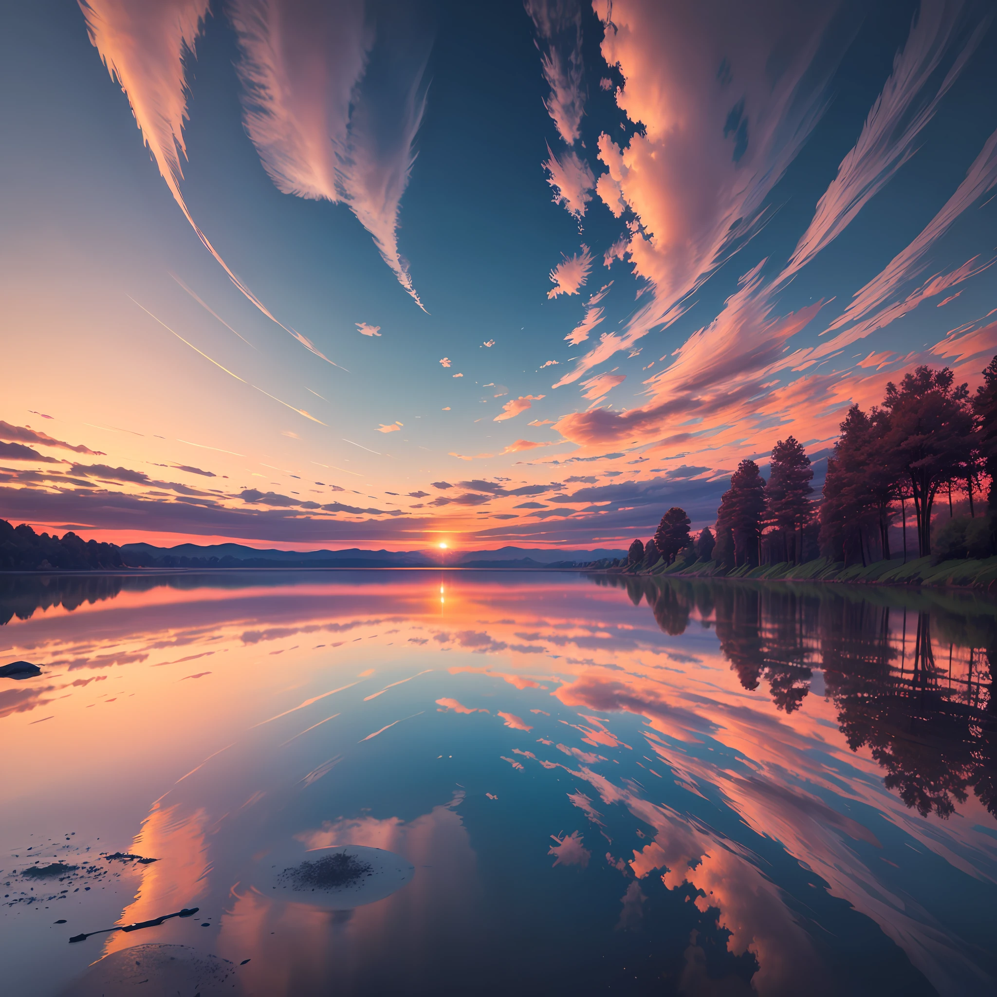 there is a beautiful sunset with a lake and trees in the background, colorful skies, surreal colors, colorful sunset, colorful sky, marvellous reflection of the sky, stunning sky, dream like atmosphere 8k, colorful clouds, colors reflecting on lake, surreal sky, red and blue reflections, fire reflection, beautiful sky, beautiful and spectacular dusk, beautiful dreamy landscape, amazing sky --auto --s2