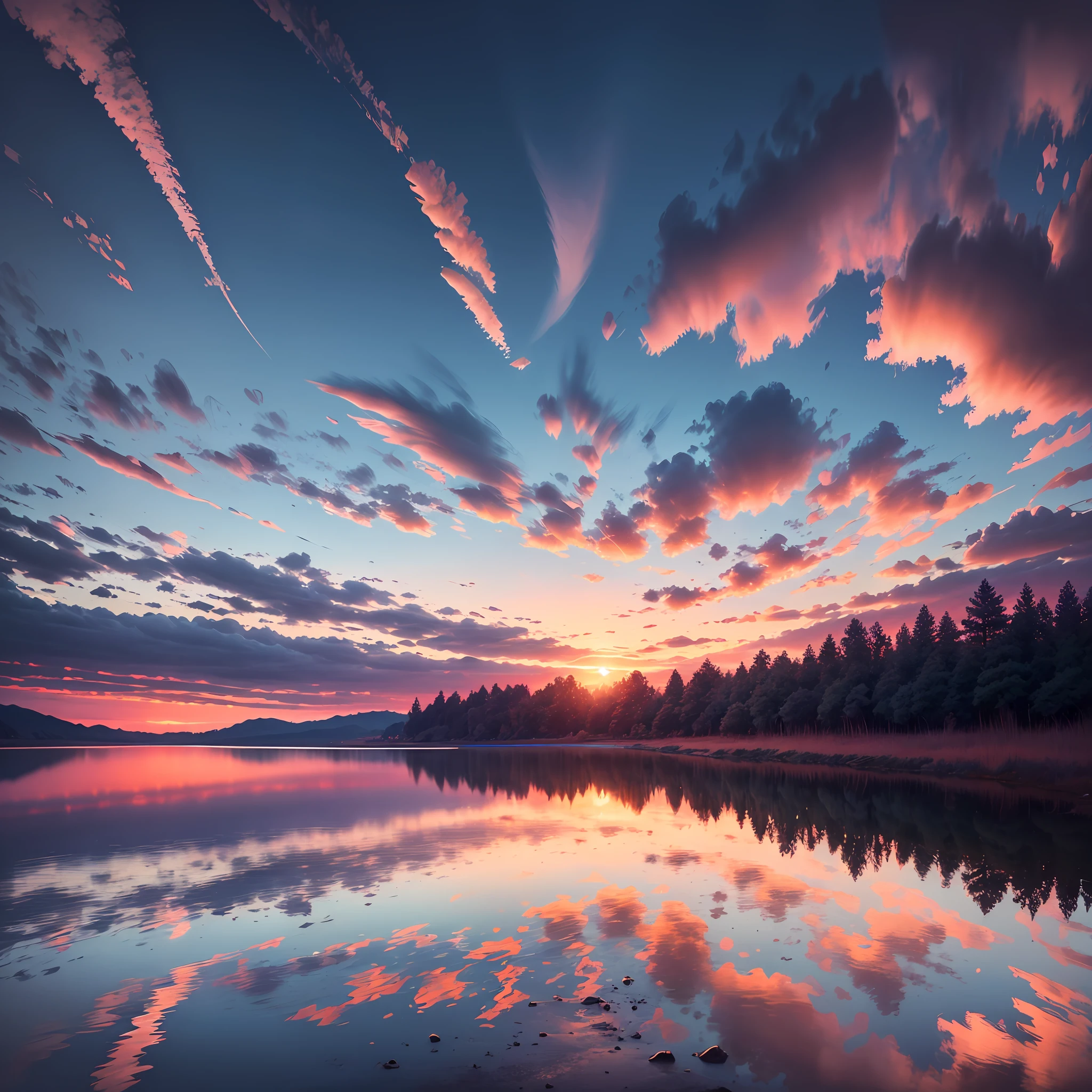 there is a beautiful sunset with a lake and trees in the background, colorful skies, surreal colors, colorful sunset, colorful sky, marvellous reflection of the sky, stunning sky, dream like atmosphere 8k, colorful clouds, colors reflecting on lake, surreal sky, red and blue reflections, fire reflection, beautiful sky, beautiful and spectacular dusk, beautiful dreamy landscape, amazing sky --auto --s2