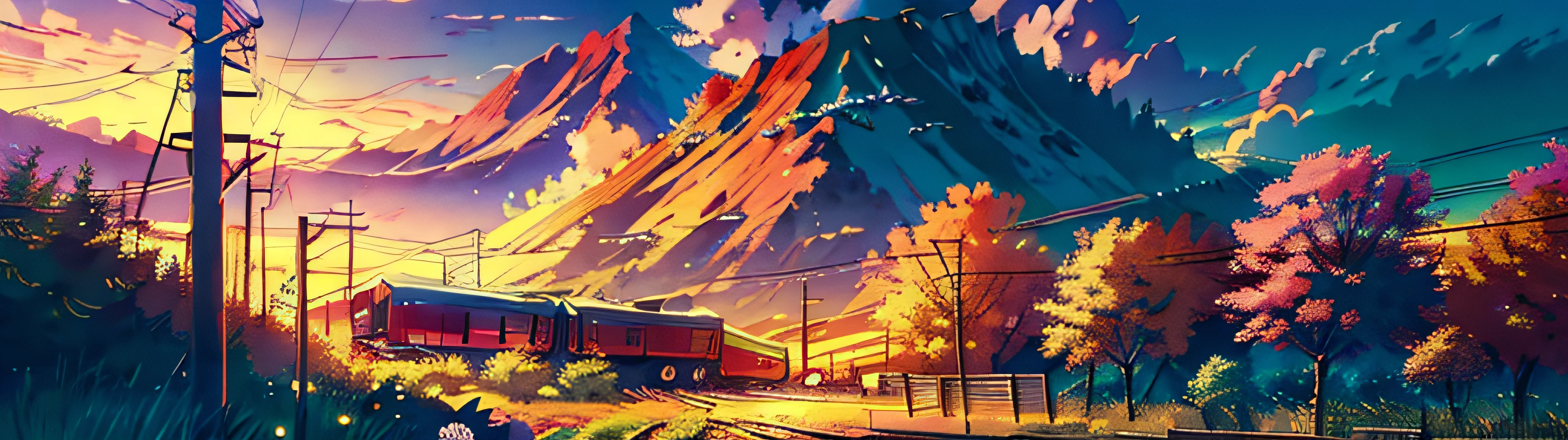 Anime train crossing track in sky background, beautiful and harmonious scene, exquisite animation, rich details (width is 672), high quality, clarity 4k, artistic 4k wallpaper, stunning anime landscape, 8k art wallpaper.