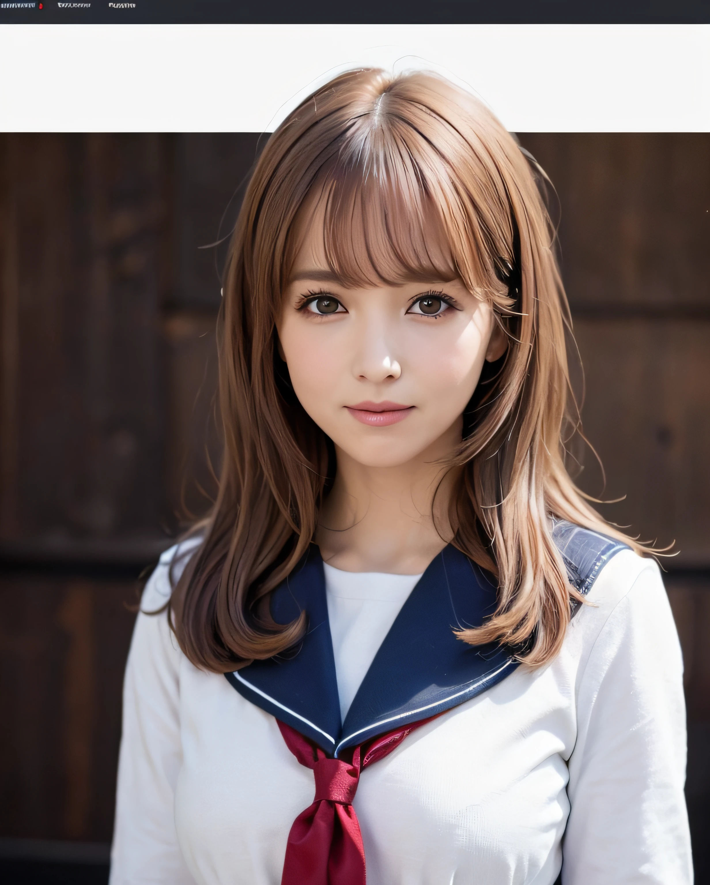 pureerosface_v1, beste Quality, photorealestic, 8K, a highres, 1girls, a women, (), (portlate:0.6), gorgeou, dinamic pose, smile on face、((school  background:1.6)),  ((Medium Size Round , sailor clothing:1.4)), straight-looking at viewer:1.8, (1 Girl's eyes looking at the viewer, medium-length hair, brown colored hair, Putted Bangs:1.65), (vokeh), (Keep your mouth shut:1.46),