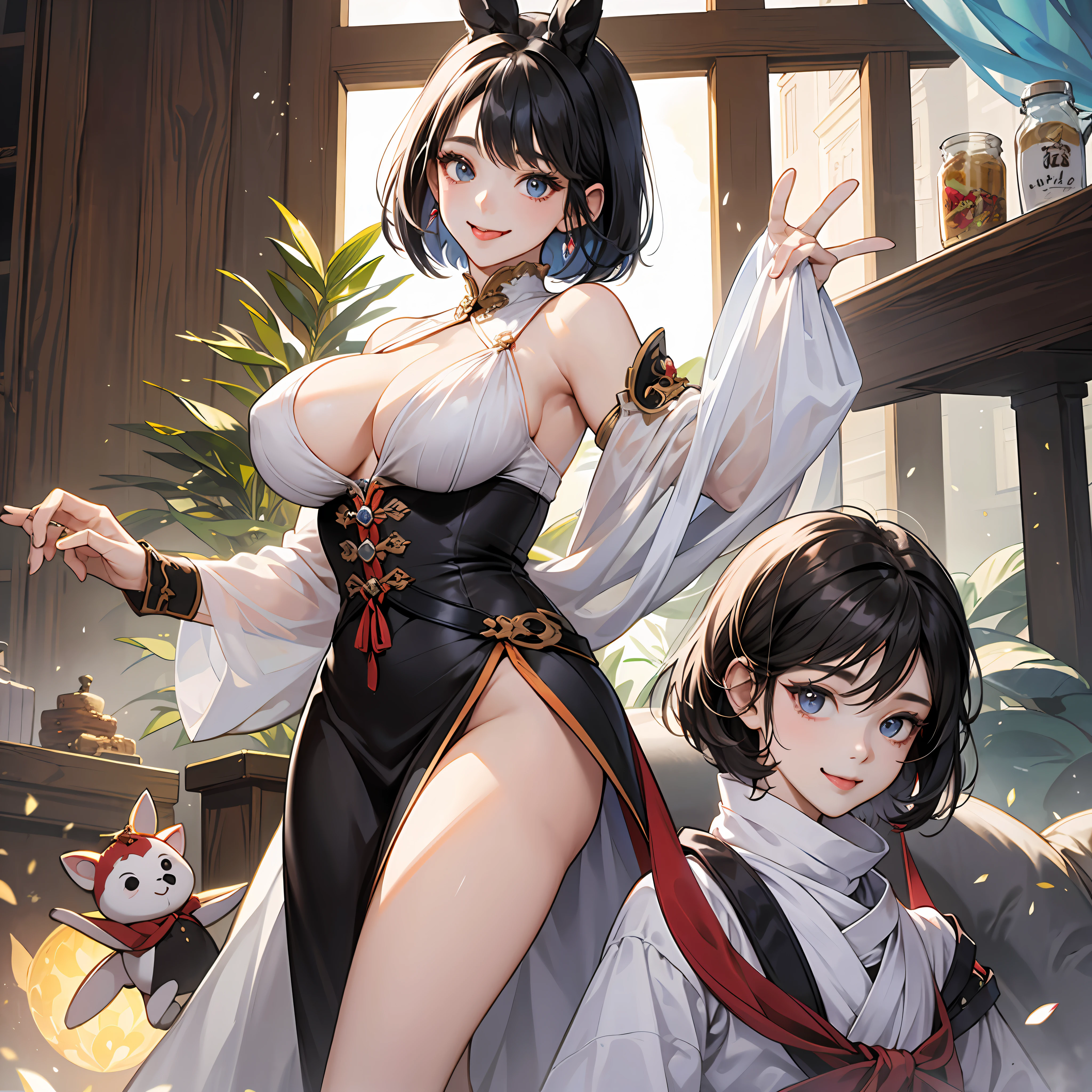 Extraordinary Beauty、Attractive style、black haired、bob、Big eyes、Double eyelids、smile on face、tongue out、During a break from work、With friends、Frolicking figure、fair complexion、Giant tits、Sexy clothes、Cuteness、 --auto