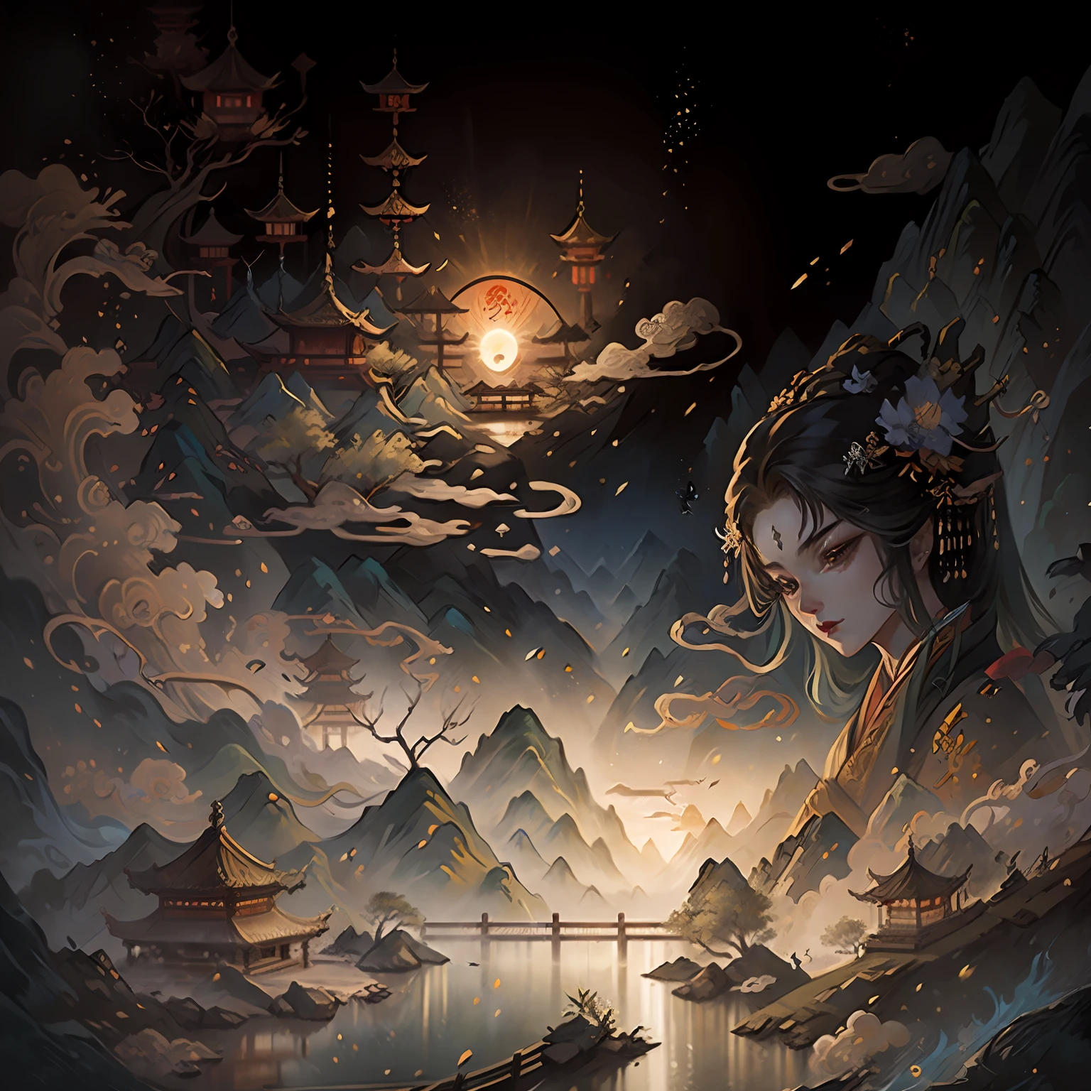 An ancient Chinese painting, ancient Chinese background, mountains, rivers, auspicious clouds, pavilions, sunshine, masterpieces, super detail, epic composition, ultra HD, high quality, extremely detailed, official art, unified 8k wallpaper, Super detail, 32k -- v 6 --auto