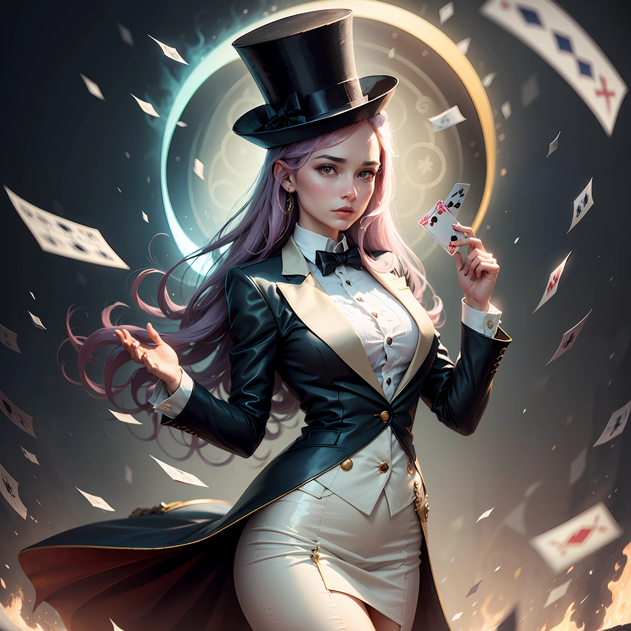 A magician's top hat, inclinada, with an aura of mystery around her. A cartola possui um aspecto envelhecido e desgastado.
Ao redor da cartola, subtle elements of illusion can be added, como cartas de baralho dispersas, uma pomba voando. --auto