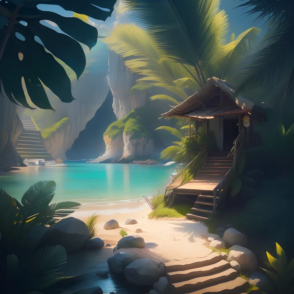 A typical scenery of the bay, com praia, coconut trees and a moving boardwalk