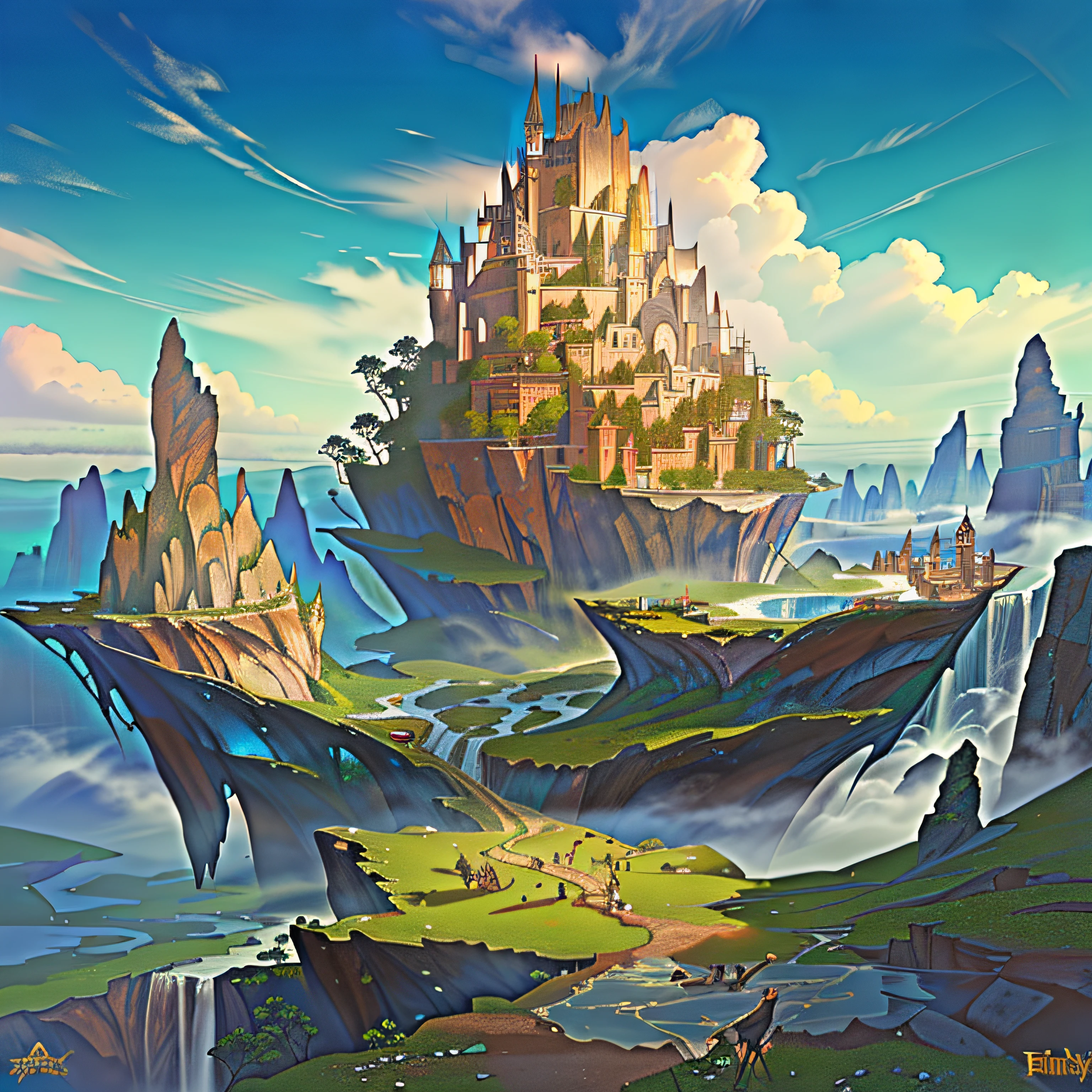 there is a painting of a man standing on a rock near a waterfall, epic dreamlike fantasy landscape, fantasy art landscape, fantasy landscape, made of tree and fantasy valley, impressive fantasy landscape, by Li Song, fantasy art behance, mystical fantasy landscape, unreal engine fantasy art, magical landscape, detailed fantasy digital art, epic fantasy landscape, fantasy scene