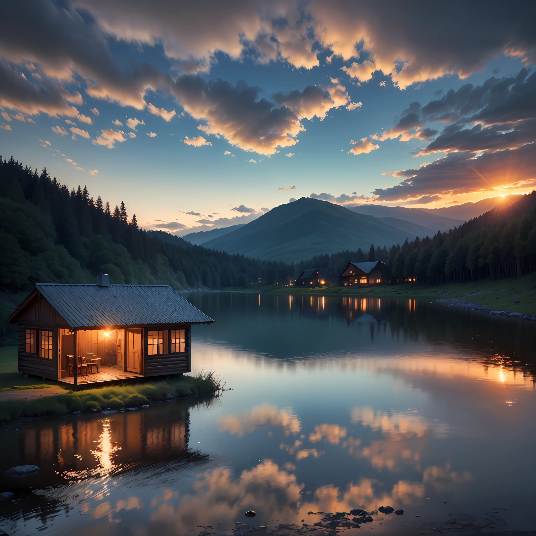 There is a cabin by a lake, paisagem linda, surreal, realista, sun sunset, tranquilidade, Special cinema lighting --auto --s2