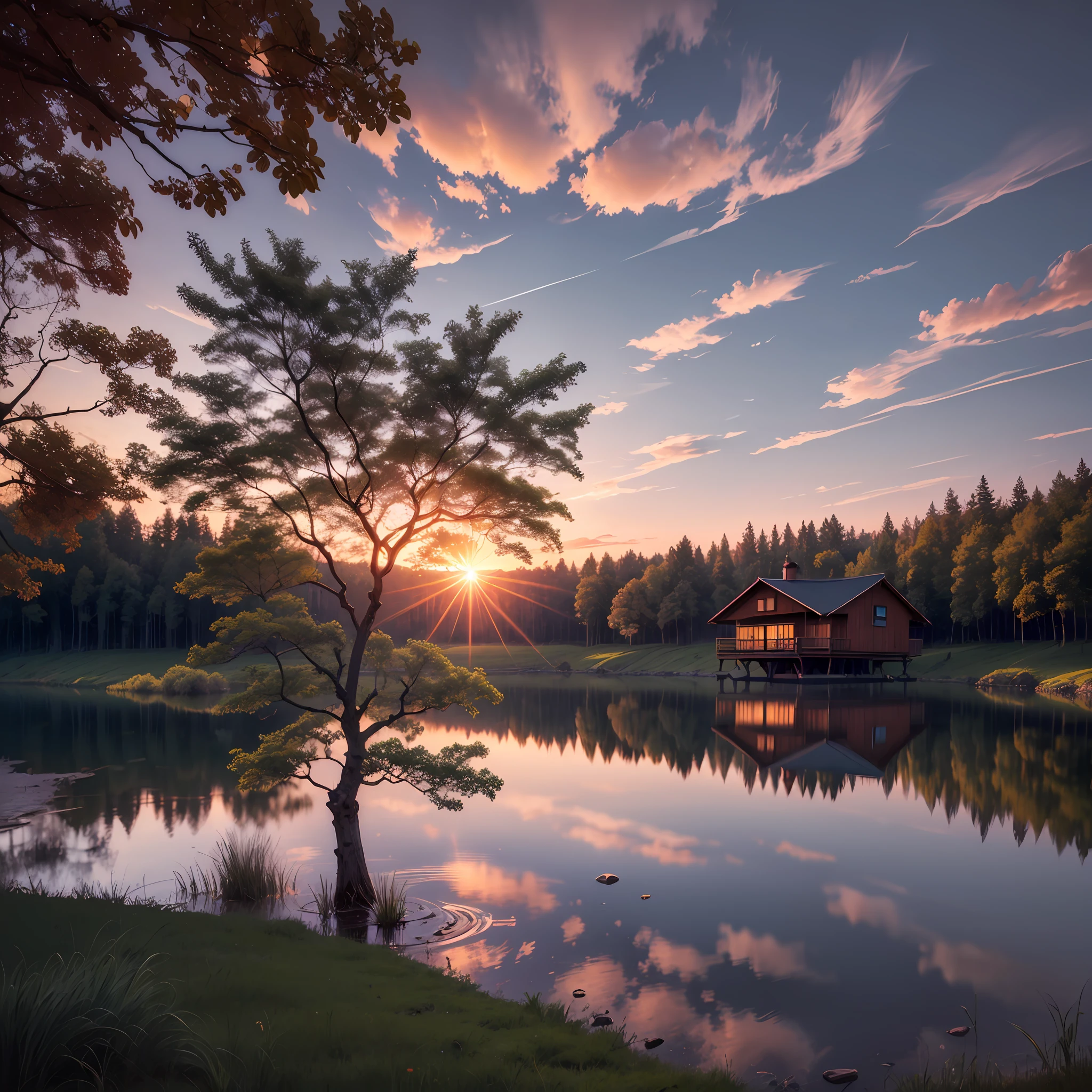 There is a cabin by a lake, paisagem linda, surreal, realista, sun sunset, tranquilidade, Special cinema lighting --auto --s2