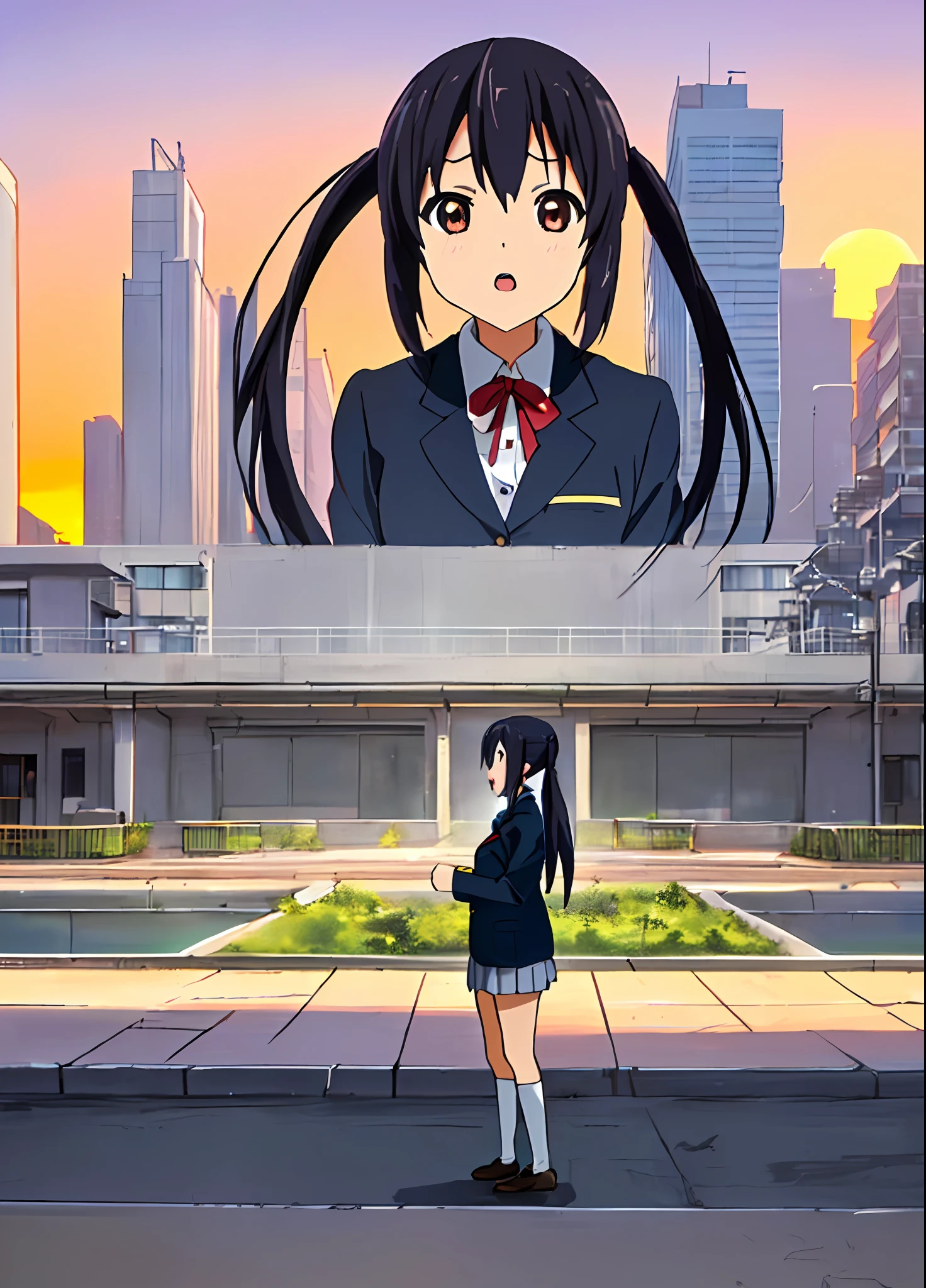 1girl, ((((Masterpiece))), Best Quality, Best Quality, High Detail, Azusa Nakano, 1girl, Sakuragaoka High School Uniform, Musical Instrument, School Uniform, Twin Tails, Long Hair, Black Hair, Brown Eyes, Solo, Red, Dark blue blazer with a thin ribbon of red, Solid white button shirt under blazer, Illustration, Cartoon, Soothing tones, Muted colors, Soft cinematic light, Adobe Lightroom, Photo Lab, HDR, complex and highly detailed, (((depth of field))))). (((Masterpiece))). (((highest quality))).) ((super detail))). (((Illustration))). (((fighting stance))).,((((Gigantic))).dynamic focus. (((skyscrapers))). (((Cityscape))). (((Despair Face))). open mouth. (((Sunset))). (((Sunset))). (((clench fists))). (((Proud))). (((small breasts))).