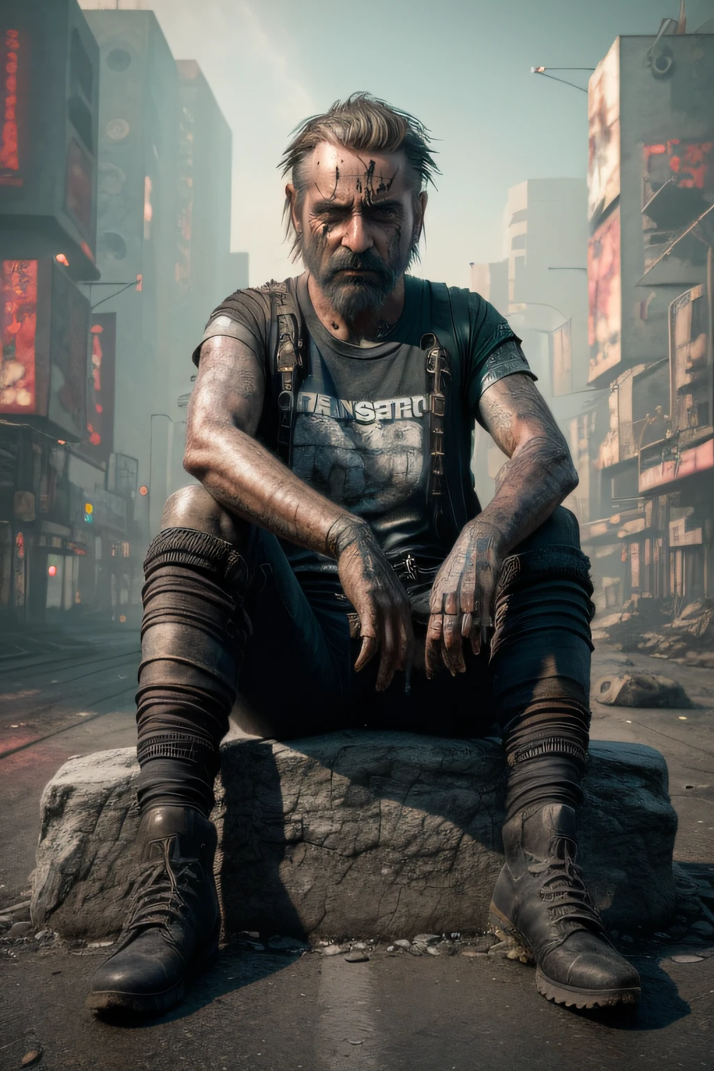 RAW photo, facial camera, apocalyptic scene, a man sits on a stone by the road, looks into the distance, dressed in black jeans and a dirty T-shirt, (high detailed skin:1.2), 8k uhd, dslr, soft lighting, high quality, film grain, Fujifilm XT3