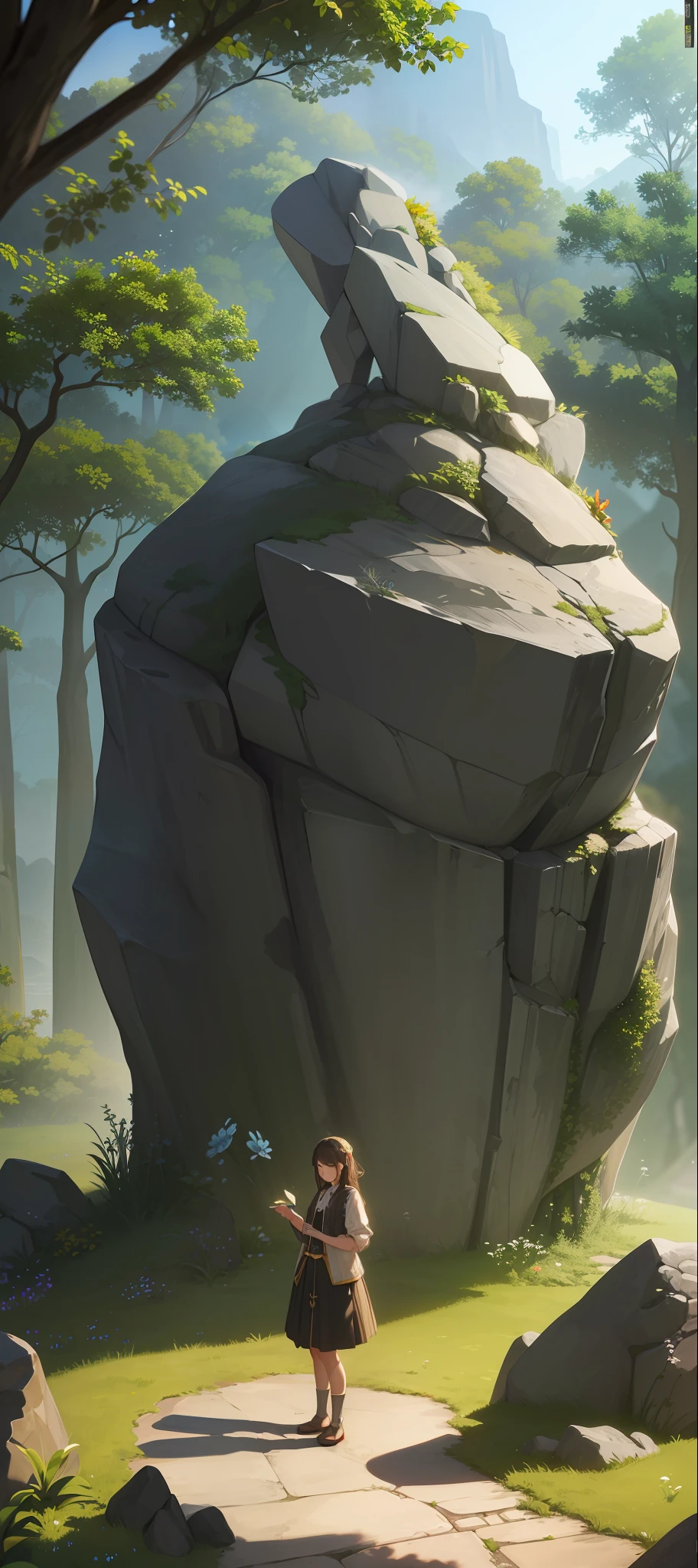 (Masterpiece, Best Quality, High Quality, Highres:1.4), Detailed, Extremely Detailed, Ambient Soft Lighting, 4K,Blurry, Blurry Background, Depth of Field, Bokeh, DOF, Fog, Bloom
Outdoors, (Nature, fantasy forest:1.2), (Rocks:1.2), sunny, sunlight, sunbeam, extreme terrain, dappled sunlight, village,