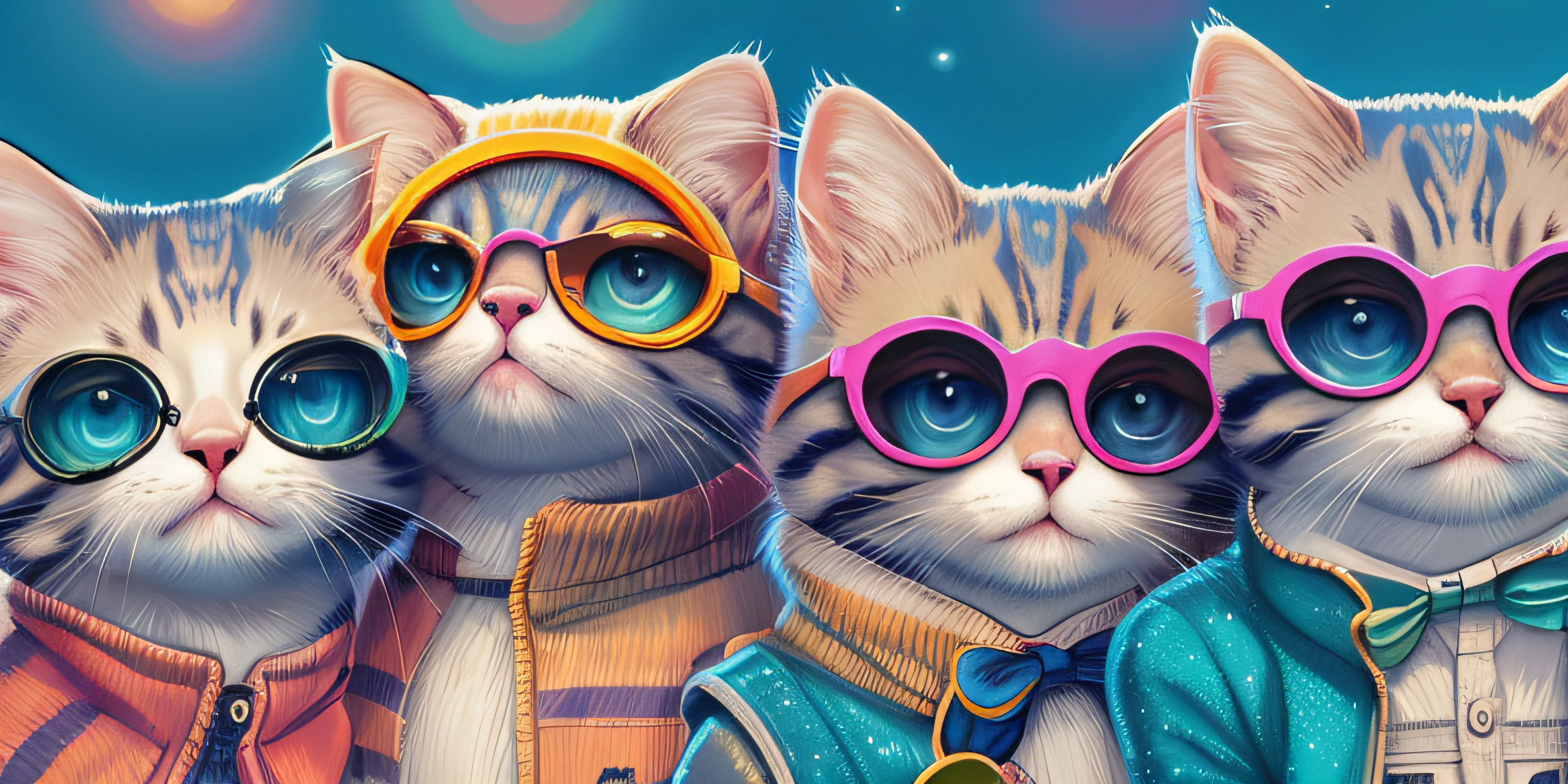 Cats in glasses and tie are together, kittens in outer space, Planeta dos Gatos, Beeple e Jeremias Ketner, arte de fantasia peluda, arte digital detalhada bonito, Gatos Neon bonitos, Jen Bartel, painting digital adorable, illustration of 2 cats, gato espacial, Arte peluda, No estilo de Cyril Rolando, arte digital bonito