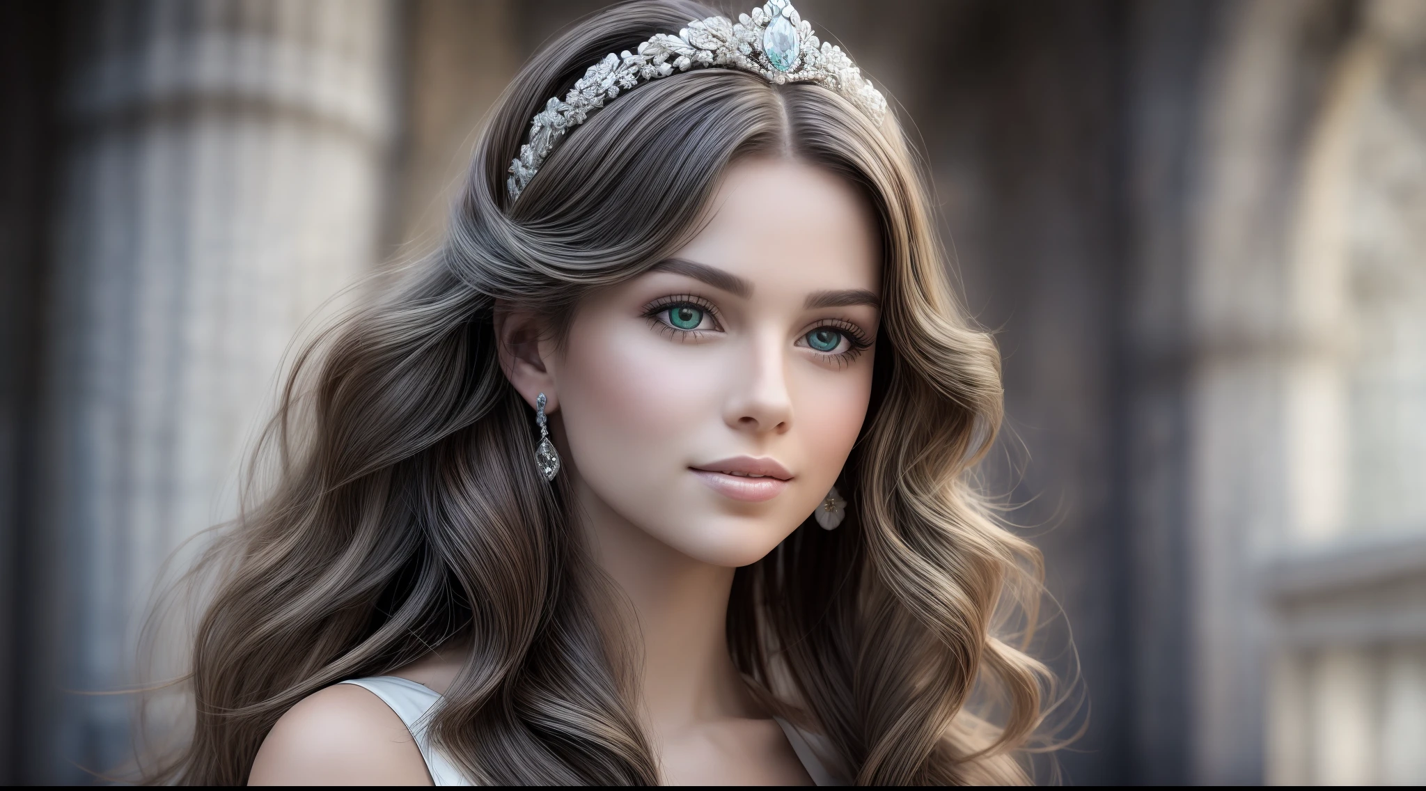 Create a realistic portrait of a princess with charming wavy brown hair. The photograph is from the waist up, capturing her natural beauty. She has medium to dark brown hair that falls in soft waves around her face. Their eyes are brown or green, expressive and full of sparkle. Your skin is smooth and radiant. She wears an elegant dress with subtle details that complement her natural look. The princess exudes an aura of charm and confidence. (add_detail:1)