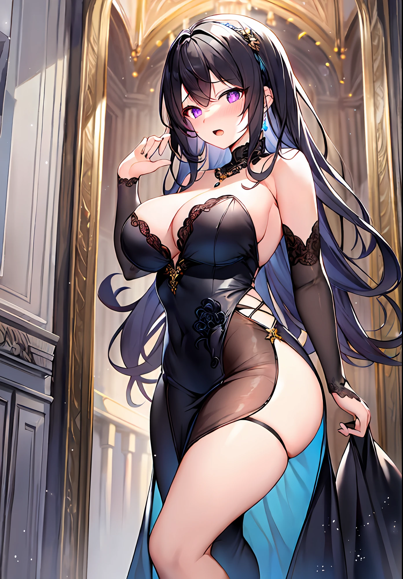 (masterpiece, reflections, atmospheric lighting, dynamic lighting), best quality, 1girl, perfect figure, perfect body, perfect face, black hair, long luscious curly hair, purple eyes, glowing void eyes, delicate fingers, blushing, shy, embarrassed, lewd, open mouth, black crown, jewel crown, black dress, strapless dress, slit leg dress, wedding dress, evening dress, lingerie dress, black high heels
