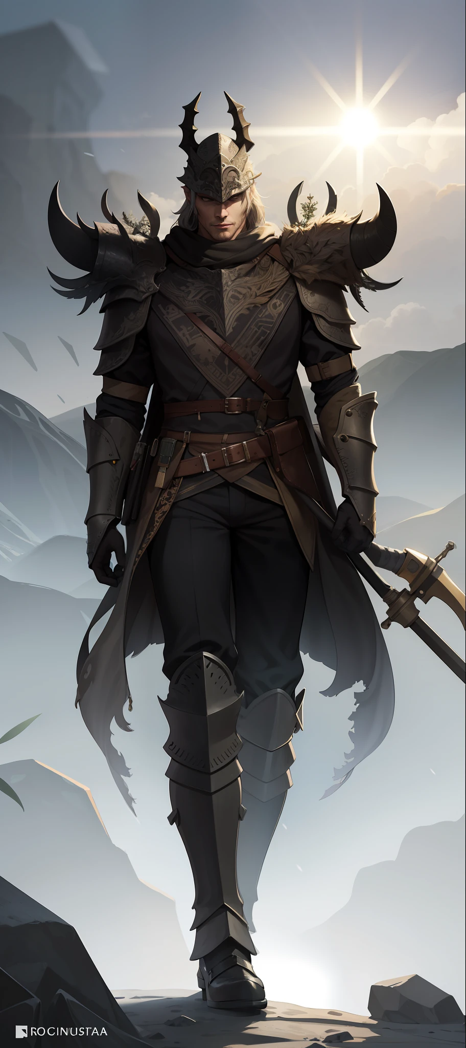 Kingdom of the Ebony Mountains:
The warriors of this realm are known for their strength and determination. They wear heavy armor made of ebony, a tough, dark material. Their clothes are ornamented with silver details, representing the rocks and mineral veins of the mountains. They wear imposing helmets with carved horns and carry battle axes of tempered steel. Sturdy boots and wolfskin capes complete his look, providing protection from the cold and snow of the high mountains. Obra-prima, melhor qualidade, alta qualidade, highres: 1.4), detalhado, extremamente detalhado, soft ambient lighting, 4K, desfocado, fundo desfocado, profundidade de campo, bokeh, DOF, fog, bloom
Ao ar livre, (Natureza, floresta de fantasia:1.2), (Rochas:1.2), ensolarado, luz solar, raio de sol, terreno extremo, luz solar fraca, aldeia,
