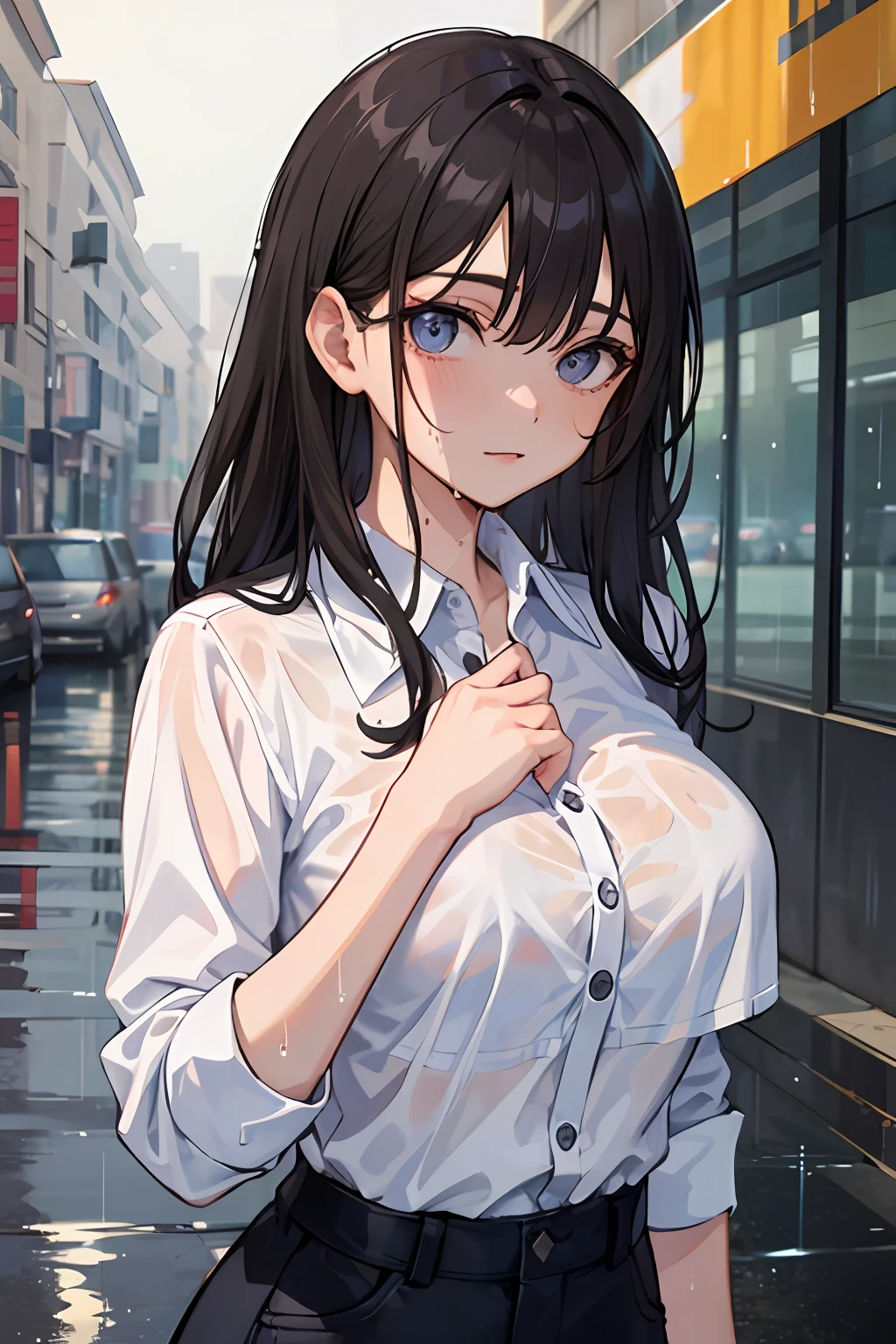 ((Best Quality, 8K, Masterpiece: 1.3)), Sharp: 1.2, Perfect Body Beauty: 1.4, Slim Abs: 1.2, ((Layered Hairstyle, Big Breasts: 1.2)), (Wet White Button Long Shirt: 1.1), (Rain, Street: 1.2), Wet: 1.5, Highly detailed face and skin texture, detailed eyes, double eyelids, side face looking at the camera