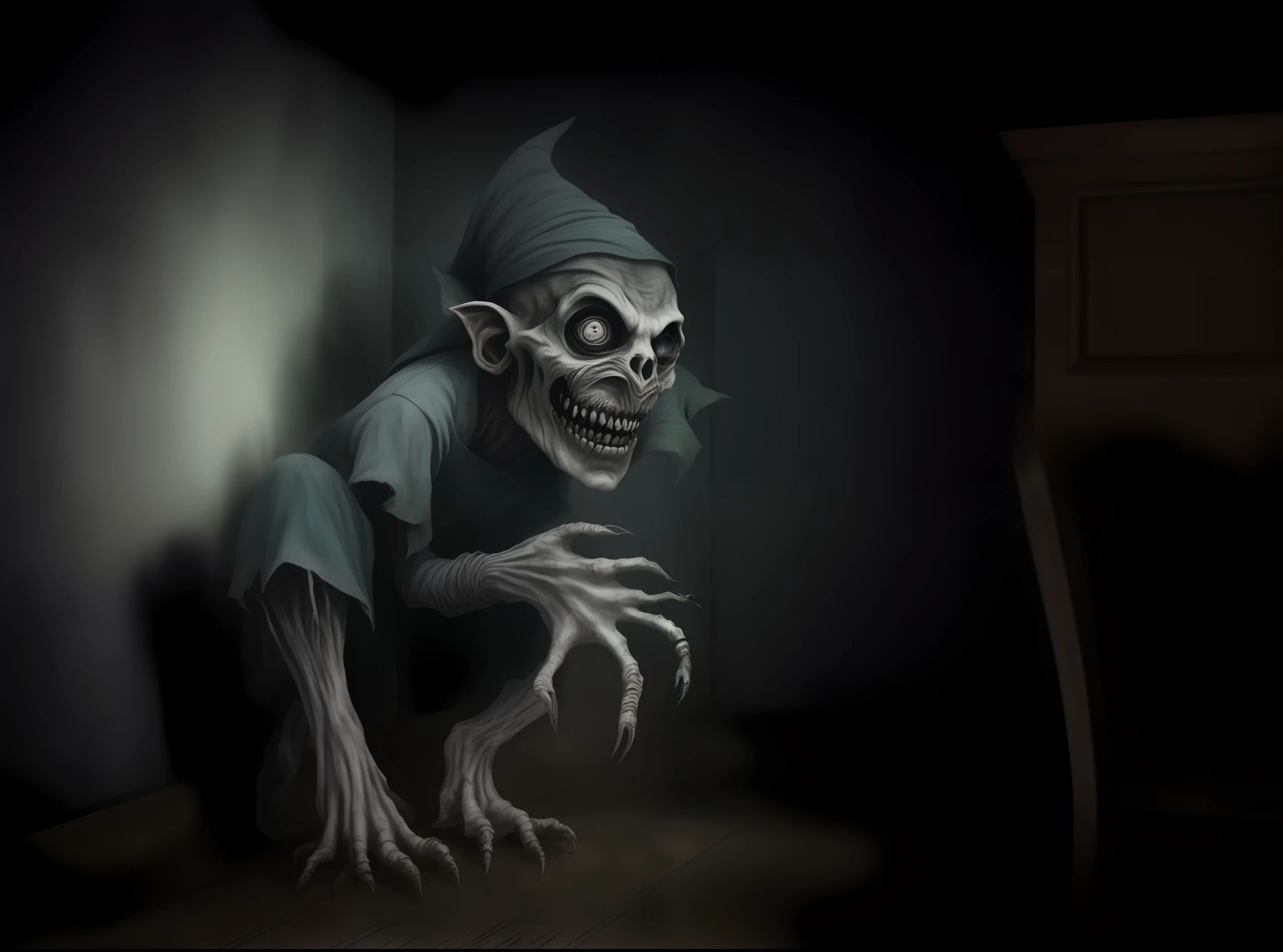 arafed image of a creepy looking creature in a dark room, nightmarish illustration, Arte digital escura, mas detalhada, Retrato de um Duende, arte conceitual escura fotorrealista, ainda de filme de terror animado, arte assustadora em cores, arte de terror de fantasia, Personagem sombrio e sinistro, arte de fantasia de terror, arte goblin, arte de terror de fantasia sombria