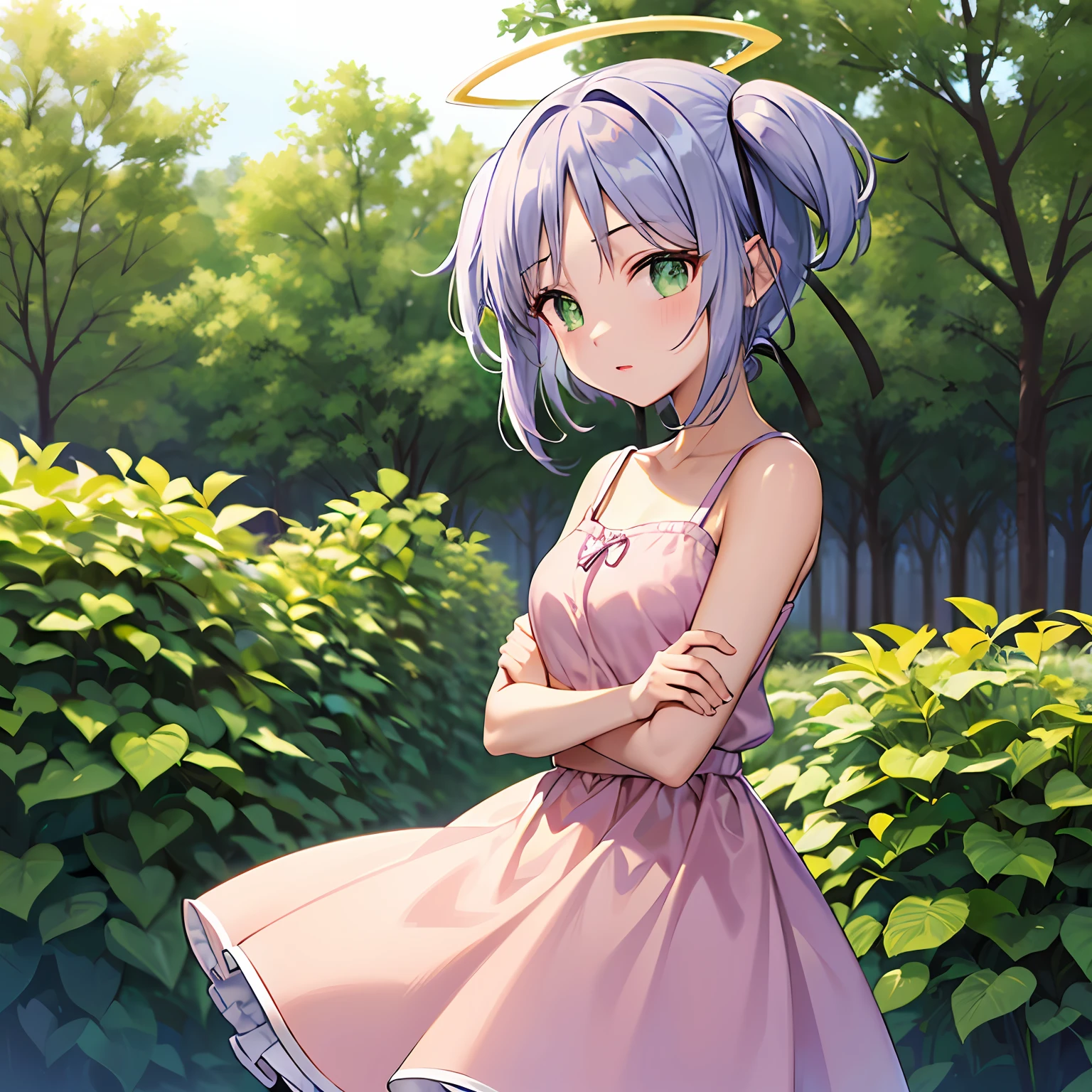 (exceptional, best aesthetic, new, newest, best quality, masterpiece, extremely detailed), 1girl, solo, blush, mitsukaidokuro, from_side, looking_at_viewer, pink_dress, crossed_arms, garden