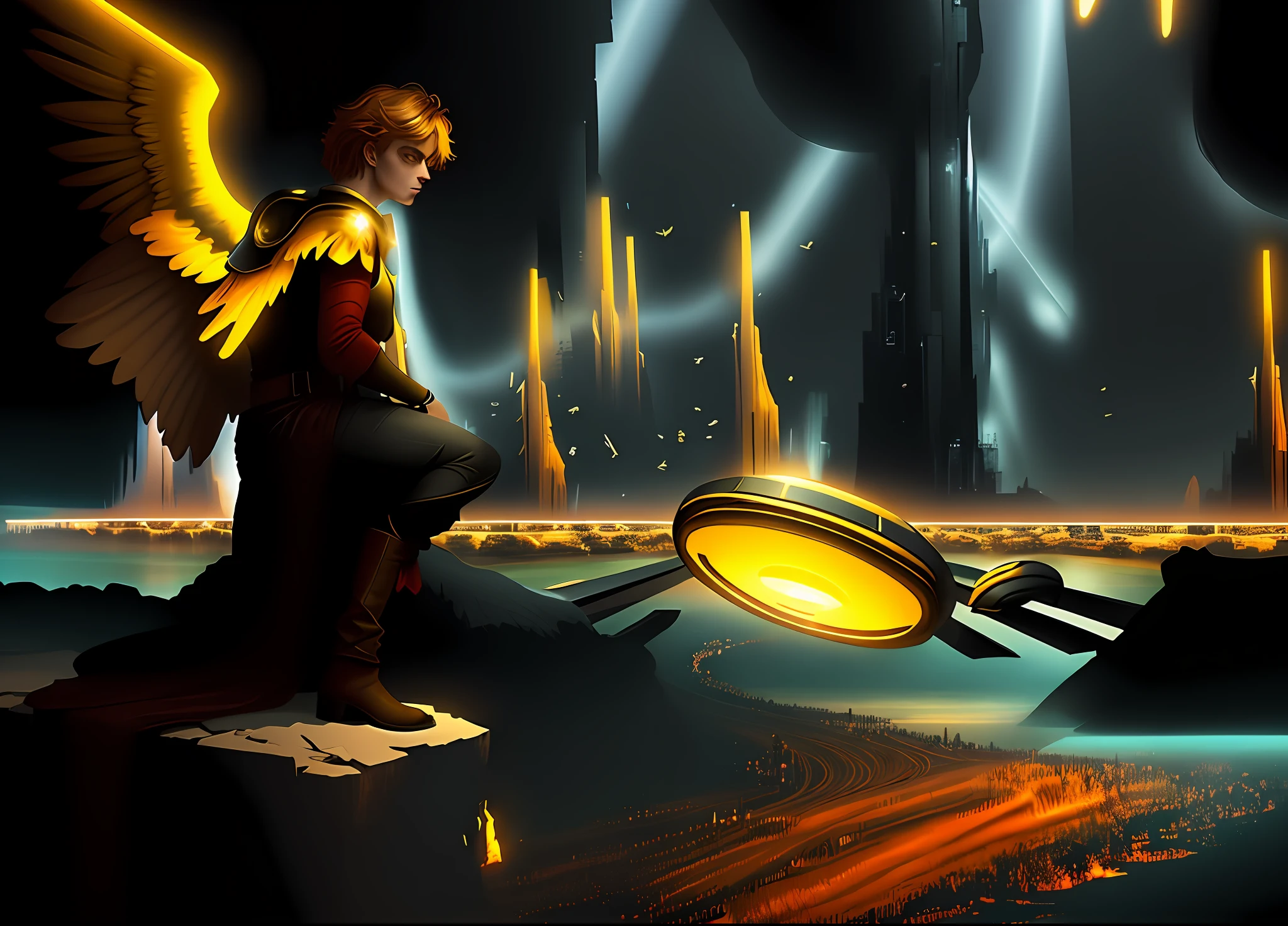 There is a digital painting of a man with wings, Anakin em uma rocha, Finnish in Grungerock Alien dark Dark Night, Noite sem estrelas preto de trevas e obescuro, epic scifi movie still, depicted as a scifi scene, an epic scifi movie still, em uma grande Asgard futurista de ouro com torres de ouro colossais iguais a montenhas de ouro, cidade enorme de ouro ao fundo, fan art, Ovni luminoso e colorido pairando sobre uma horda de ouro, Scifi, award-winning scientific art, concept piece, Tron Anjo, artists rendition, scifi religioso, Paleta de cores: tons de cores amarela, vermelha e preta, black and dark sky, with a huge futuristic gold city lighting up on the horizon as the sky is a dark night