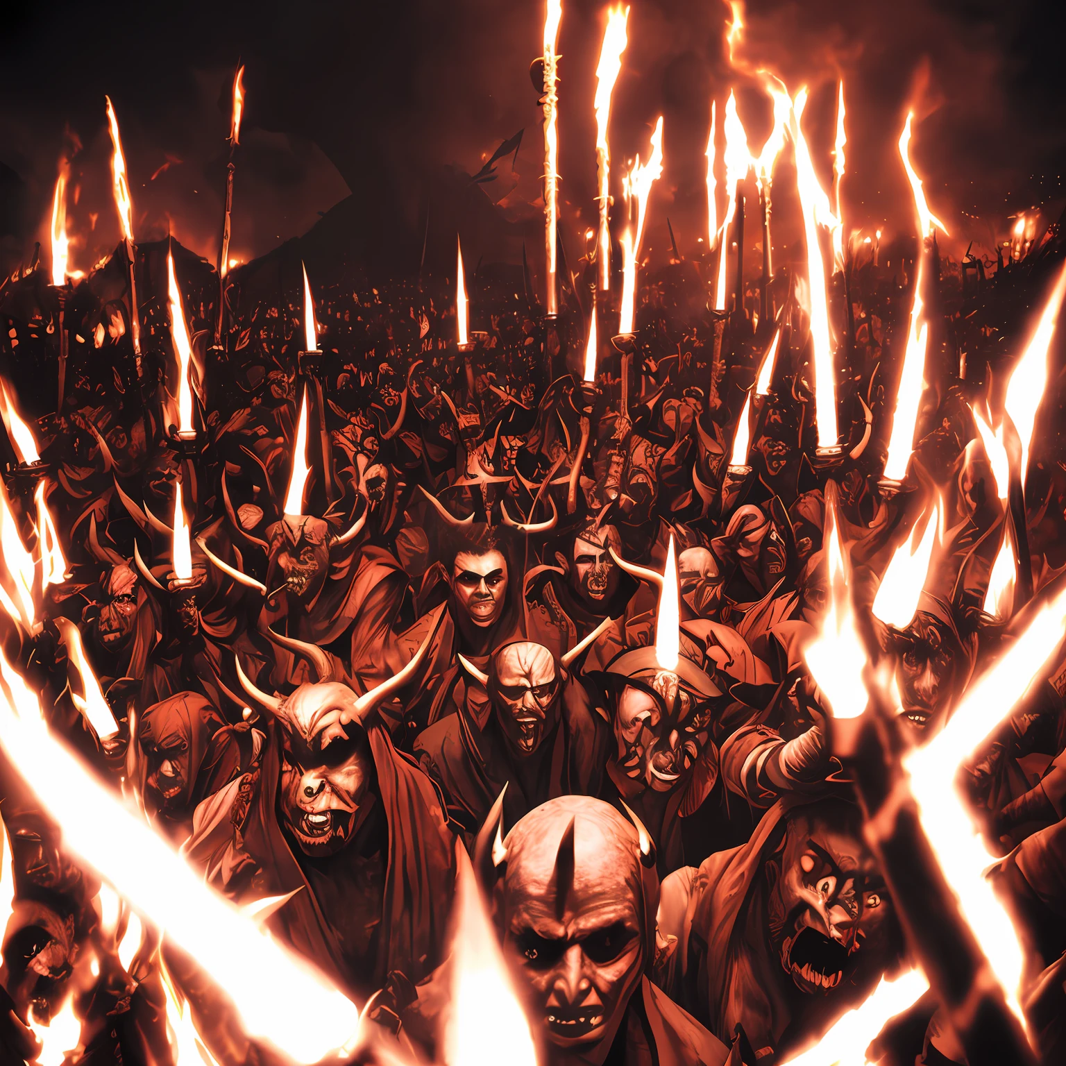 Senario with many faces in the background , hordes of demons , amidst hellfire , with lots of red light , --ar16:9 , 8k, Heads with horns , demonic form , black eyes , red eyes --auto