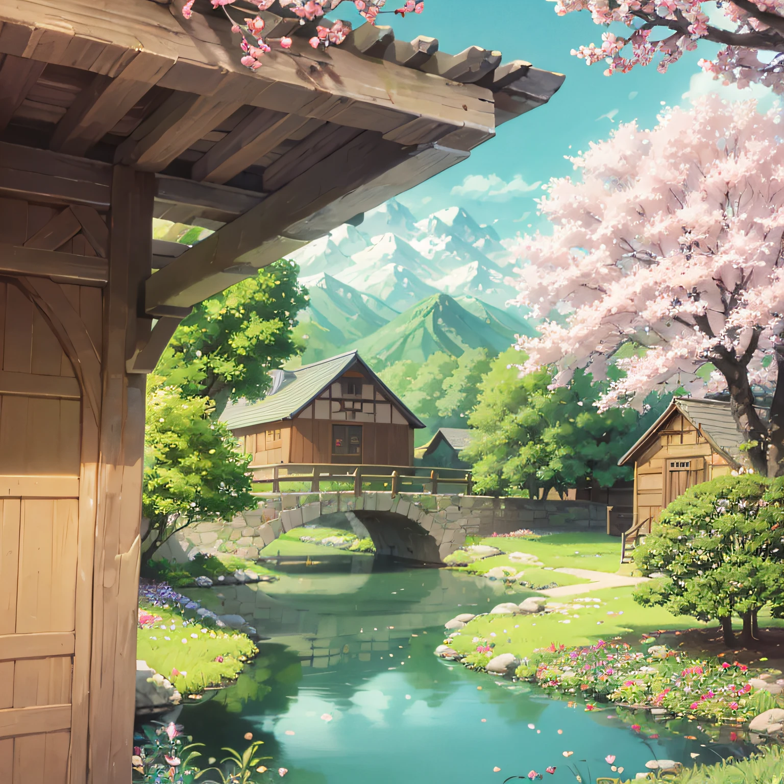 a close up of a fence with a tree in the background, cheery blossom, cherry blossom forest、Spring City Summer、Small wooden bridge、Two three pedestrians --auto