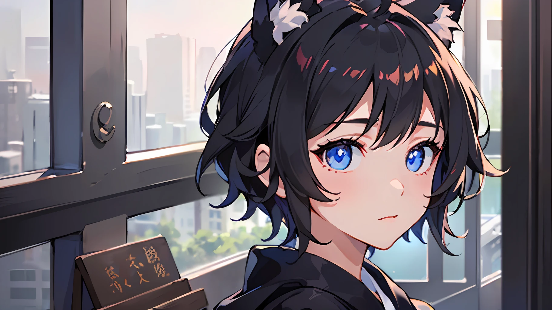 ((beste Quality))、((A masterpie))、((ultra-definition))、(illutst)、(Fine light)、(Extremely delicate and beautiful)、(((独奏)))、(((a beautifulchi girl) )))、((best quality, high_resolution, distinct_image)),(Black hair), (black cat ears), (ahoge), (absurdly short hair), (wavy hair), (blue eyes),bathrobe、Shoulder visible、