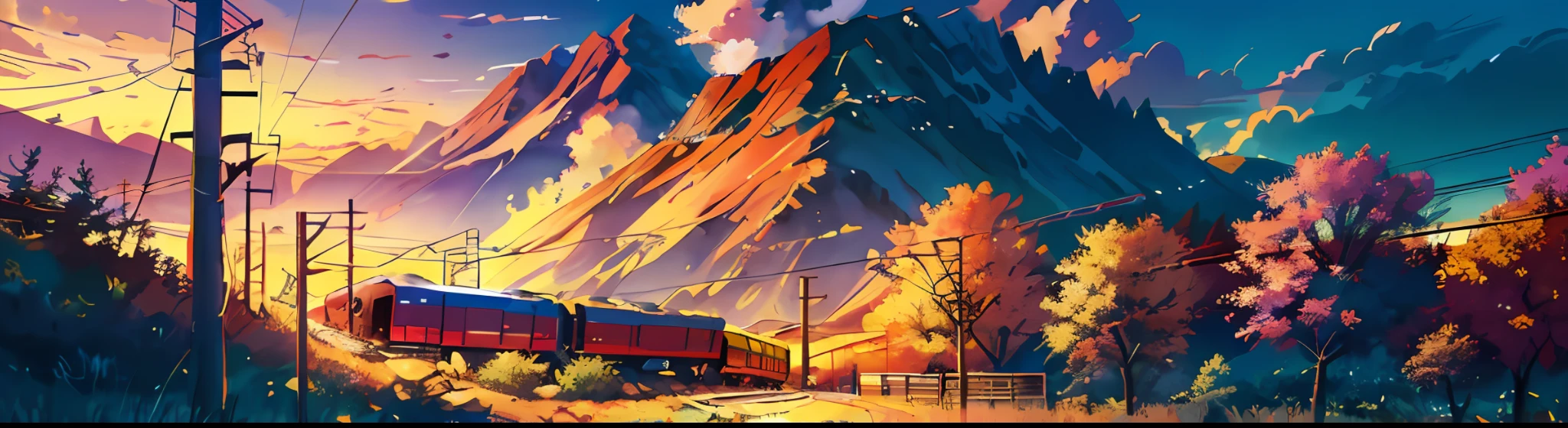 there is a train that is going down the tracks in the mountains, por sylvain sarrailh, scenery artwork, Inspirado em Sylvain Sarrail, Paisagem do anime, scenery art detailed, pintura digital detalhada, digital landscape art, viajando pelas montanhas, detailed scenery—width 672, anime scenery, Arte Lofi, arte digital detalhada
