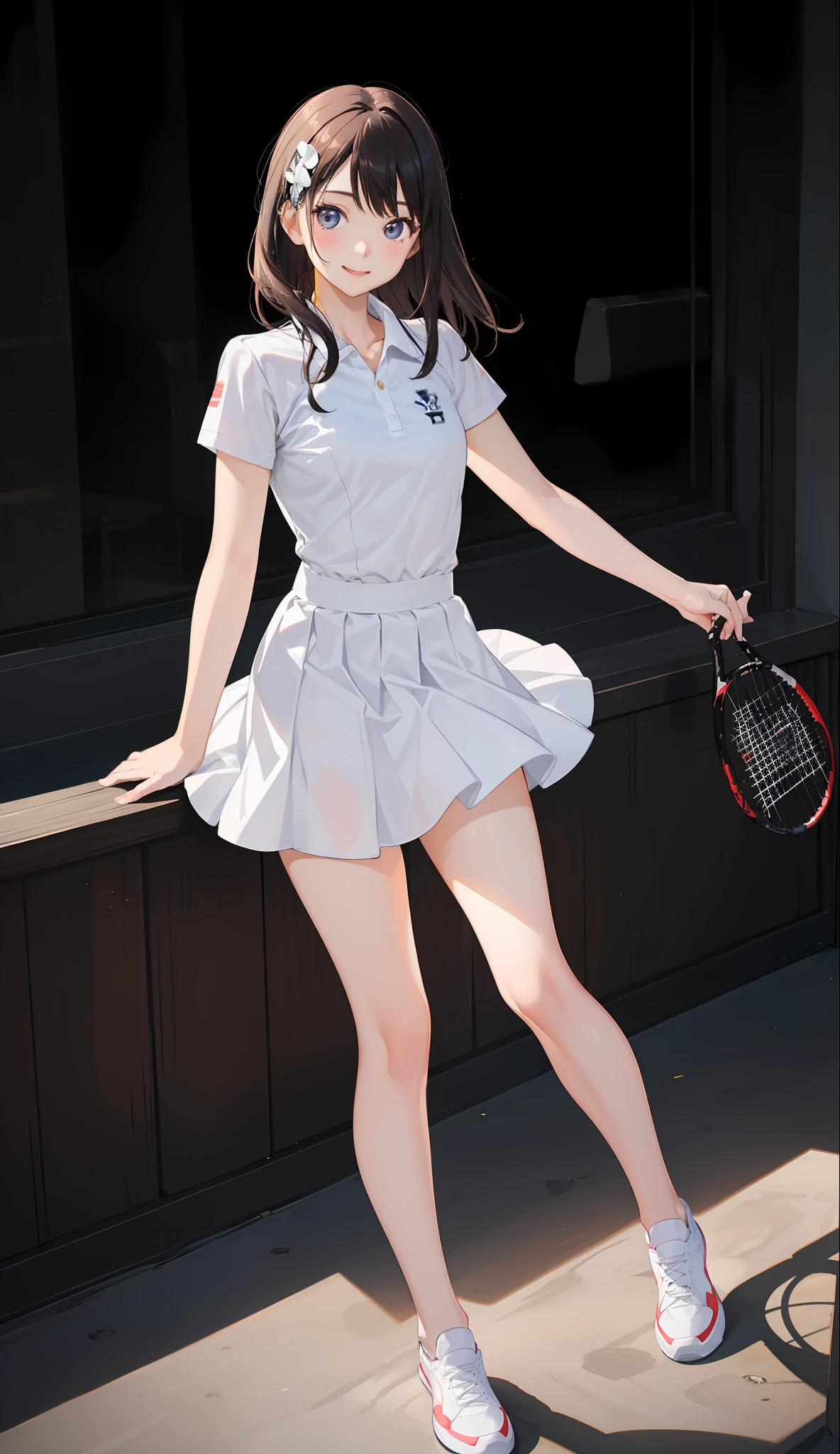 1The girls、shirts、preated skirt、yearsold、Bob Hair Style、smile on face、delightful!、Japanese people、enmaided、Chromo-white skin、Beautiful Eyes、(small tits)、throb、Wimbledon、(Wearing white tennis wear)、Bright lighting、Vents、the sun、