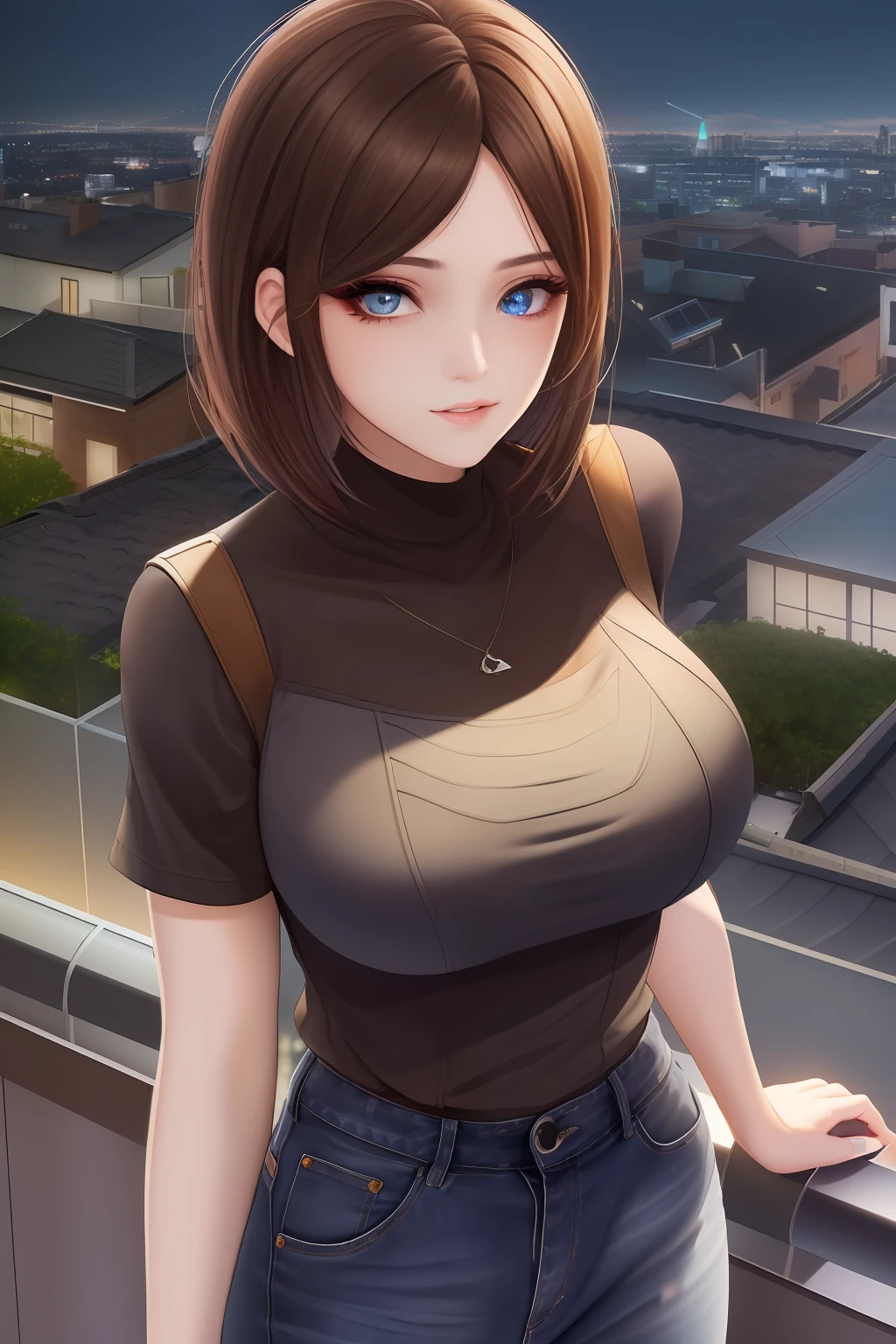 ((Midnight, Best quality, 8k, Masterpiece :1.3)), Whole body, Long legs, Sharp focus :1.2, A pretty woman with perfect figure :1.4, Slender abs :1.1, ((Dark brown hair, Big breasts :1.2)), (White tight tshirt, Jean bib, Standing:1.2), ((Night city view, Rooftop:1.3)), Highly detailed face and skin texture, Detailed eyes, Double eyelid