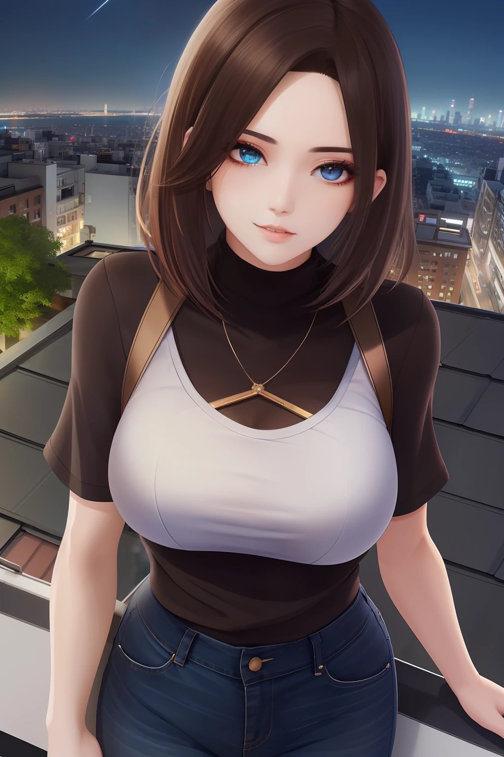 ((Midnight, Best quality, 8k, Masterpiece :1.3)), Whole body, Long legs, Sharp focus :1.2, A pretty woman with perfect figure :1.4, Slender abs :1.1, ((Dark brown hair, Big breasts :1.2)), (White tight tshirt, Jean bib, Standing:1.2), ((Night city view, Rooftop:1.3)), Highly detailed face and skin texture, Detailed eyes, Double eyelid