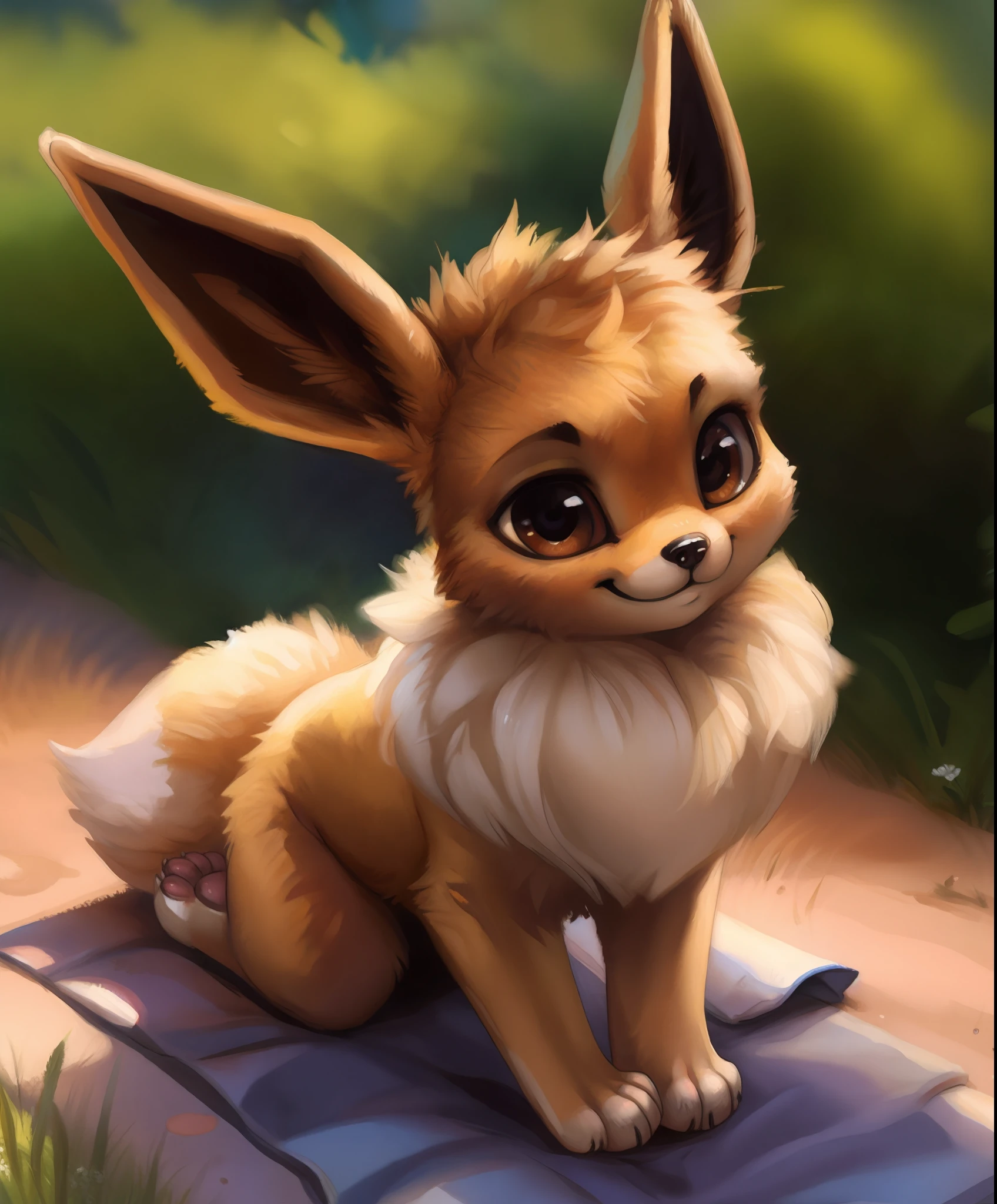 by kenket, by totesfleisch8, (by thebigslick, by silverfox5213:0.8), (by syuro:0.2), pokekid, eevee, fluffy girl, furry girl, female, smile, smiling, has a big pretty bow in her hair, has animal paws for hands, 1girl, best quality, outdoors, high definition, cute,